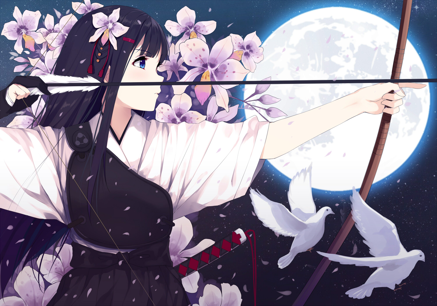 anime, original, arrow, blue eyes, bow, flower, katana, kimono, long hair, moon, petal, pigeon, purple hair, weapon