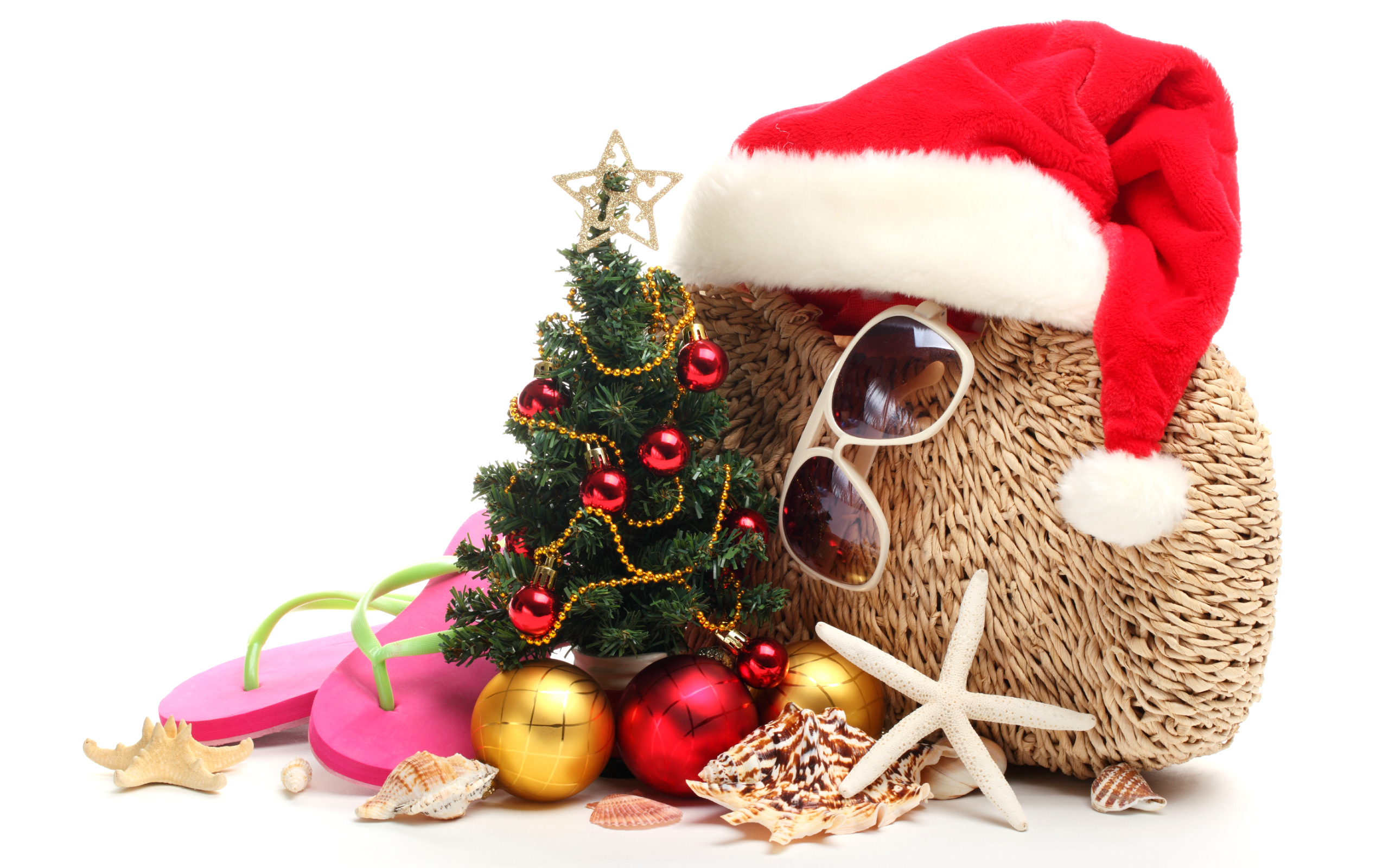 Téléchargez des papiers peints mobile Chapeau De Père Noël, Décorations De Noël, Noël, Sapin De Noël, Des Lunettes De Soleil, Vacances gratuitement.
