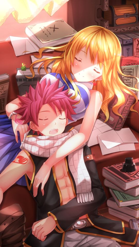 Download mobile wallpaper Anime, Book, Blonde, Sleeping, Skirt, Scarf, Pink Hair, Blush, Thigh Highs, Lying Down, Fairy Tail, Lucy Heartfilia, Natsu Dragneel, Happy (Fairy Tail), Nalu (Fairy Tail) for free.