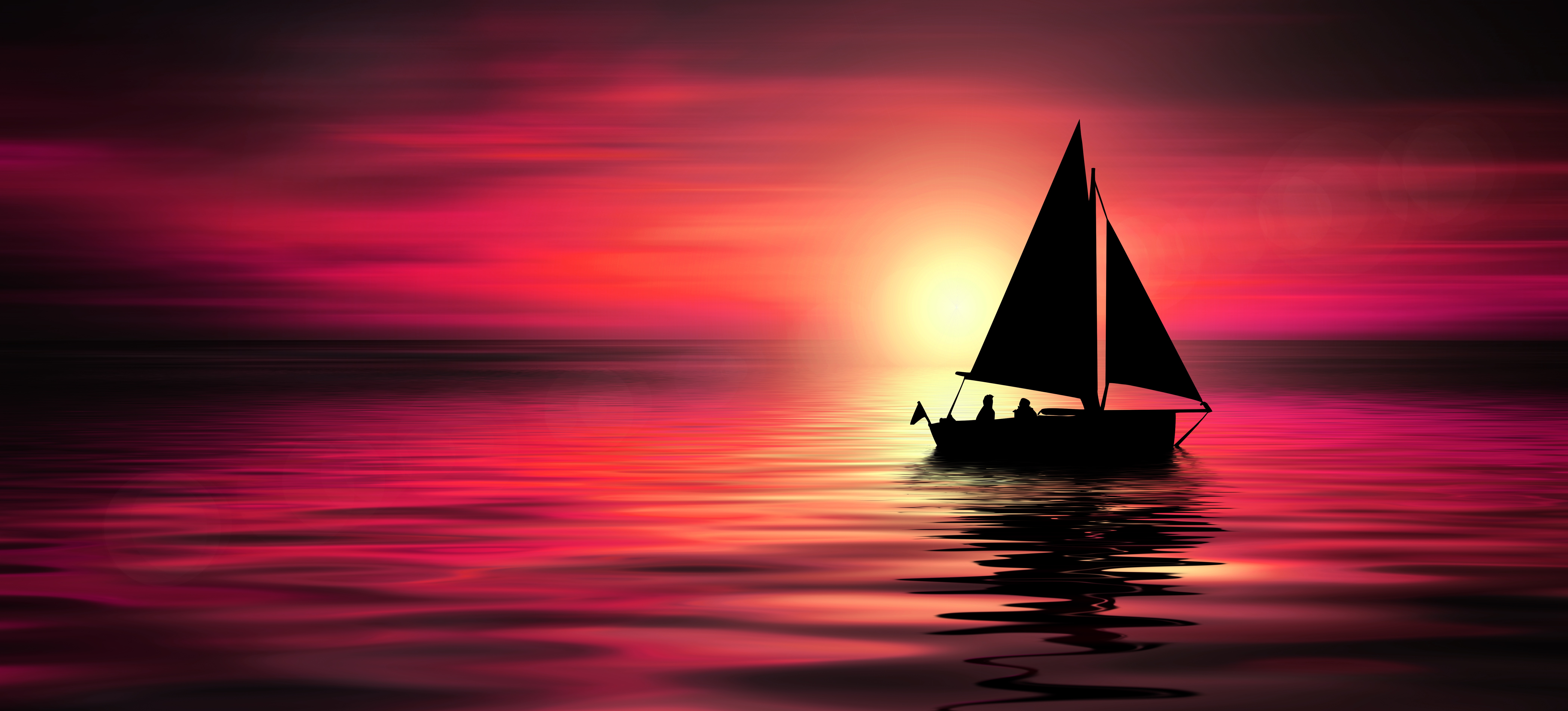 Download mobile wallpaper Sunset, Sun, Purple, Sailboat, Artistic for free.