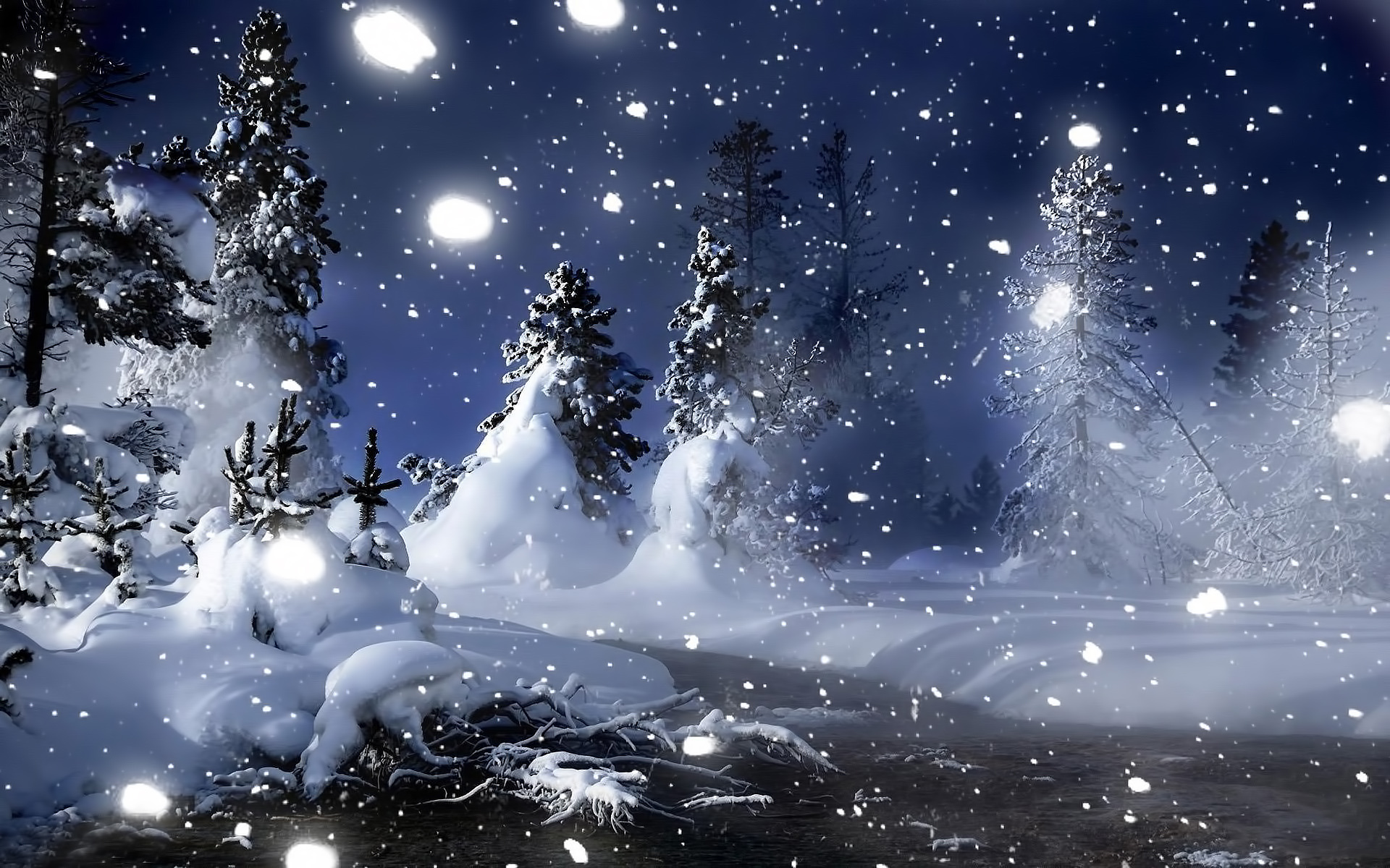 Скачать обои бесплатно Пейзаж, Деревья, Снег, Ночь картинка на рабочий стол ПК