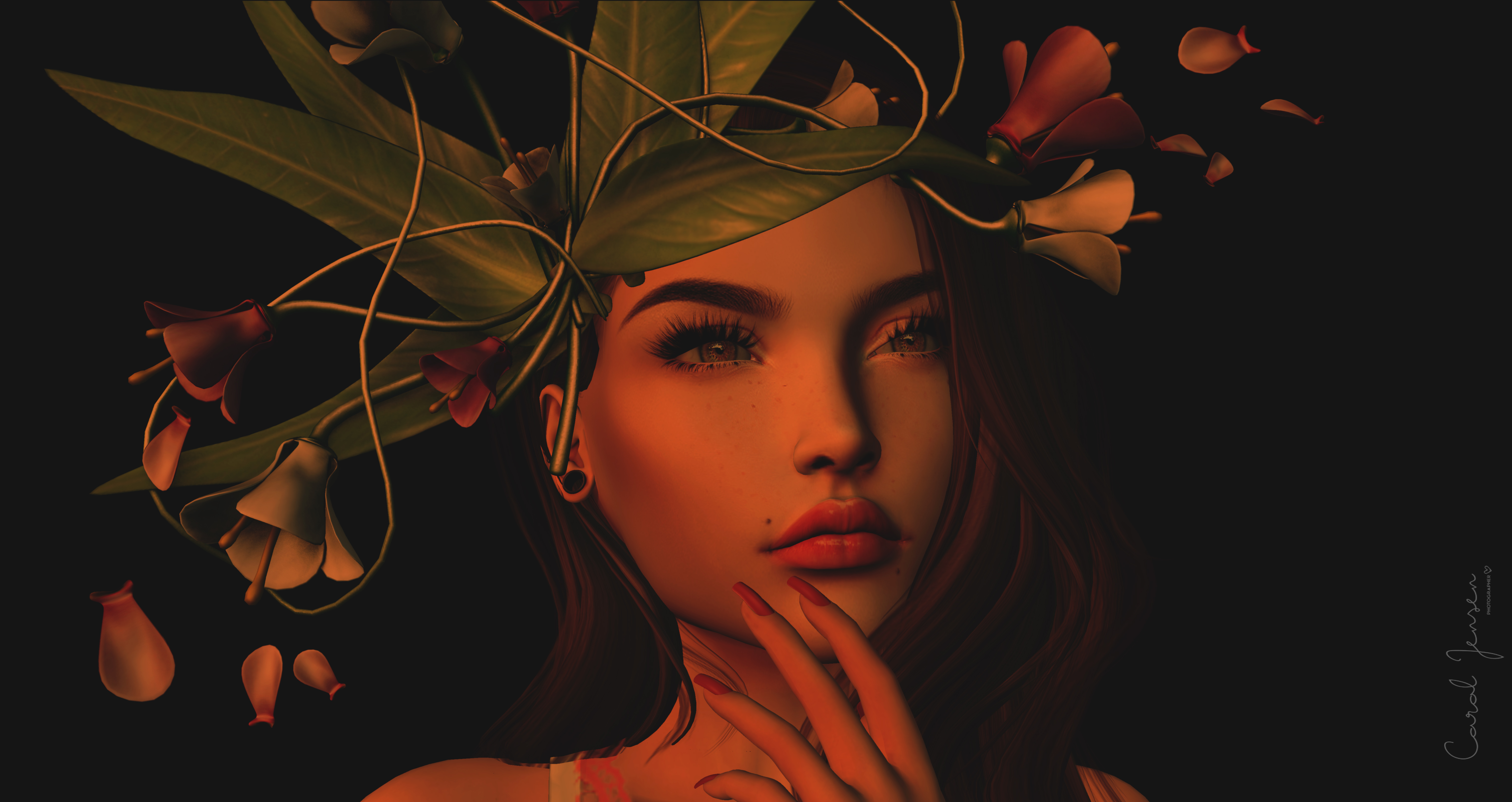 girl, art, 3d, flowers, leaves, face, wreath Desktop Wallpaper