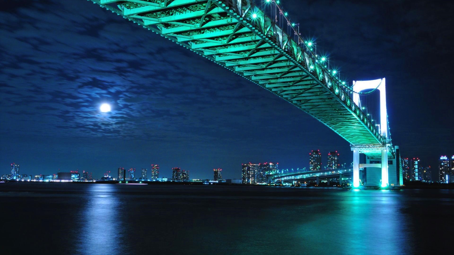 Download mobile wallpaper Night, Moon, Light, Bridge, Japan, Man Made for free.