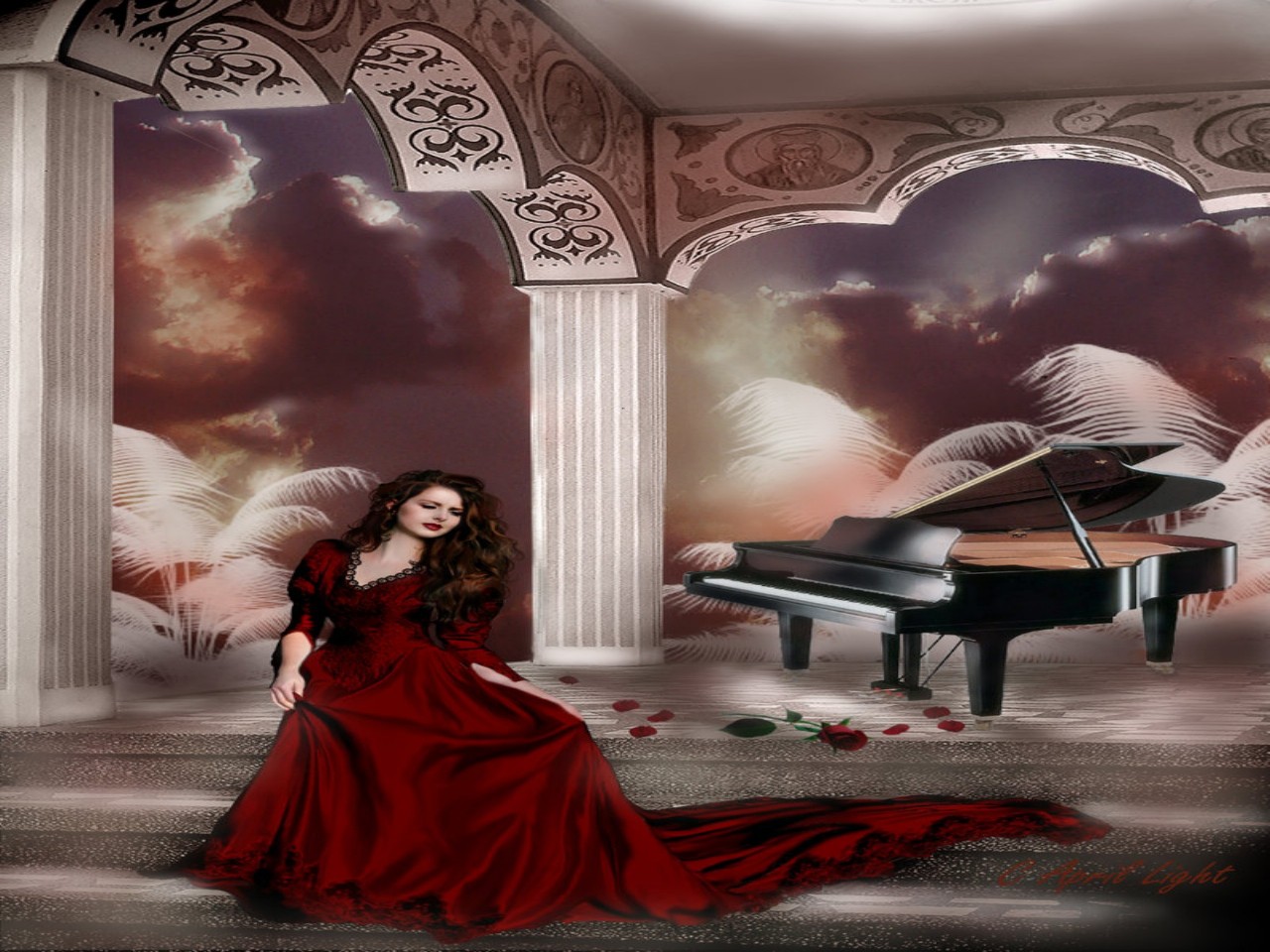 Laden Sie das Fantasie, Klavier, Frauen, Rotes Kleid-Bild kostenlos auf Ihren PC-Desktop herunter