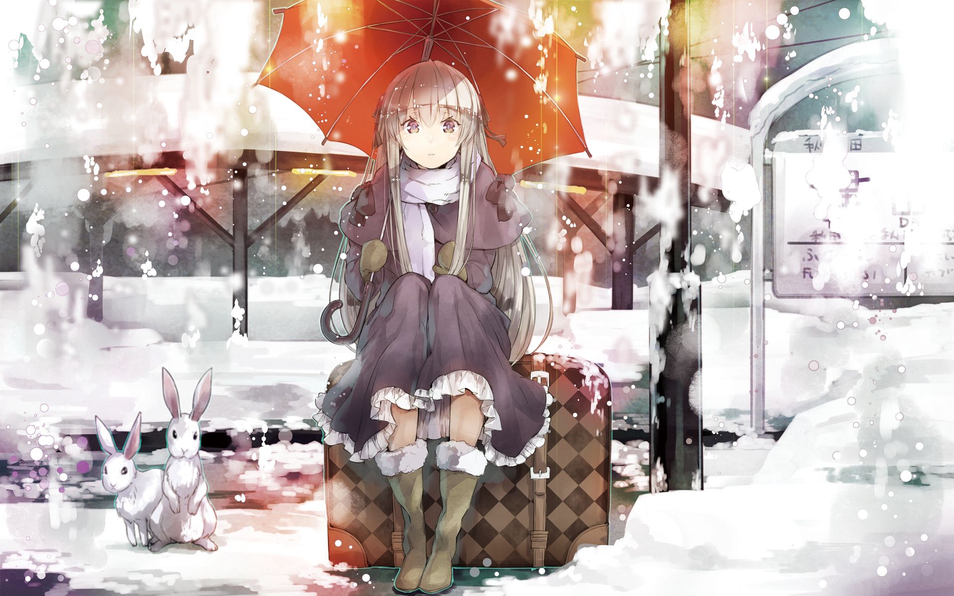 PCデスクトップに傘, 雪, 兎, 野ウサギ, 女の子, 日本製アニメ画像を無料でダウンロード