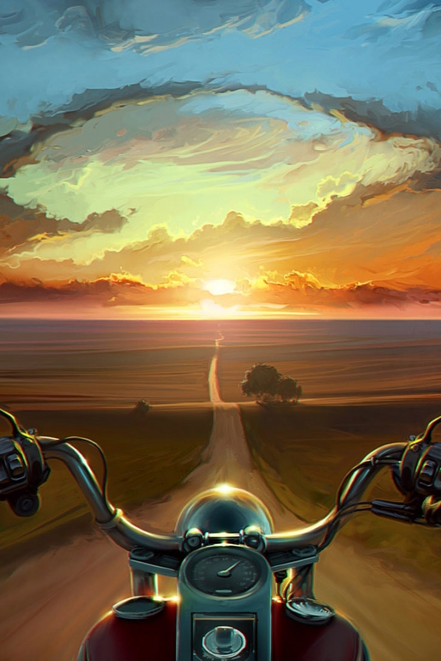 Download mobile wallpaper Landscape, Sunset, Road, Motorcycle, Bike, Artistic, Psychedelic for free.