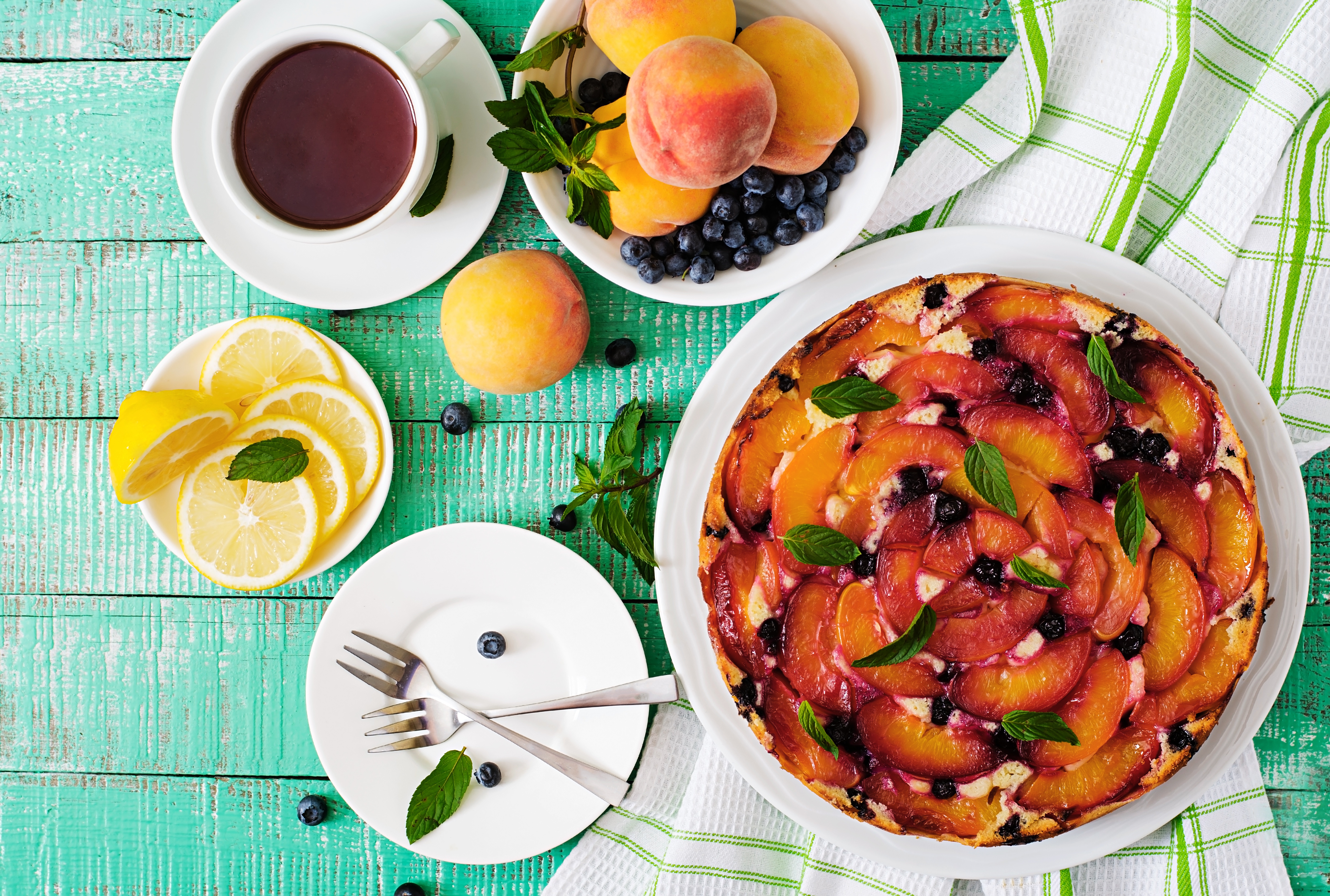 Download mobile wallpaper Food, Berry, Lemon, Fruit, Tea, Pie, Peach, Pastry for free.