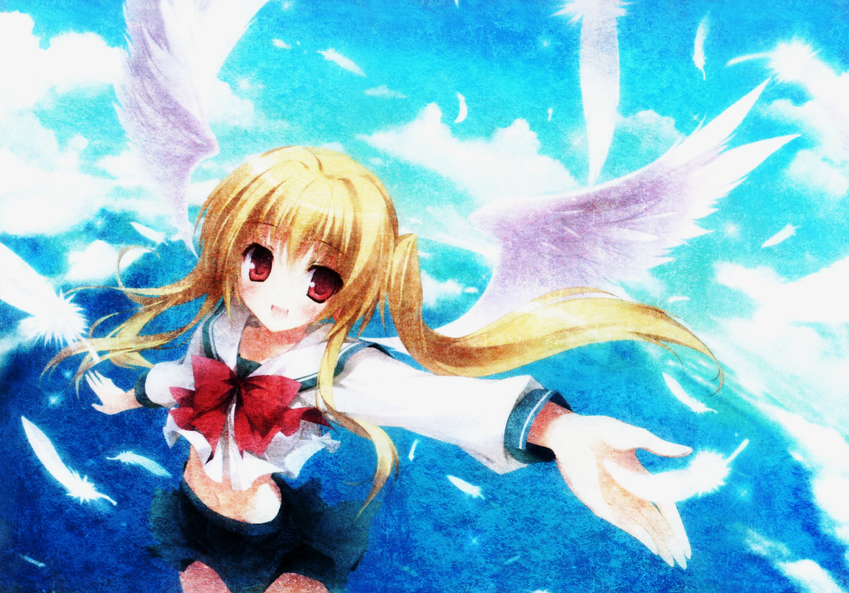 Free download wallpaper Anime, Feather, Smile, Wings, Angel, Blush, Red Eyes, Bow (Clothing) on your PC desktop