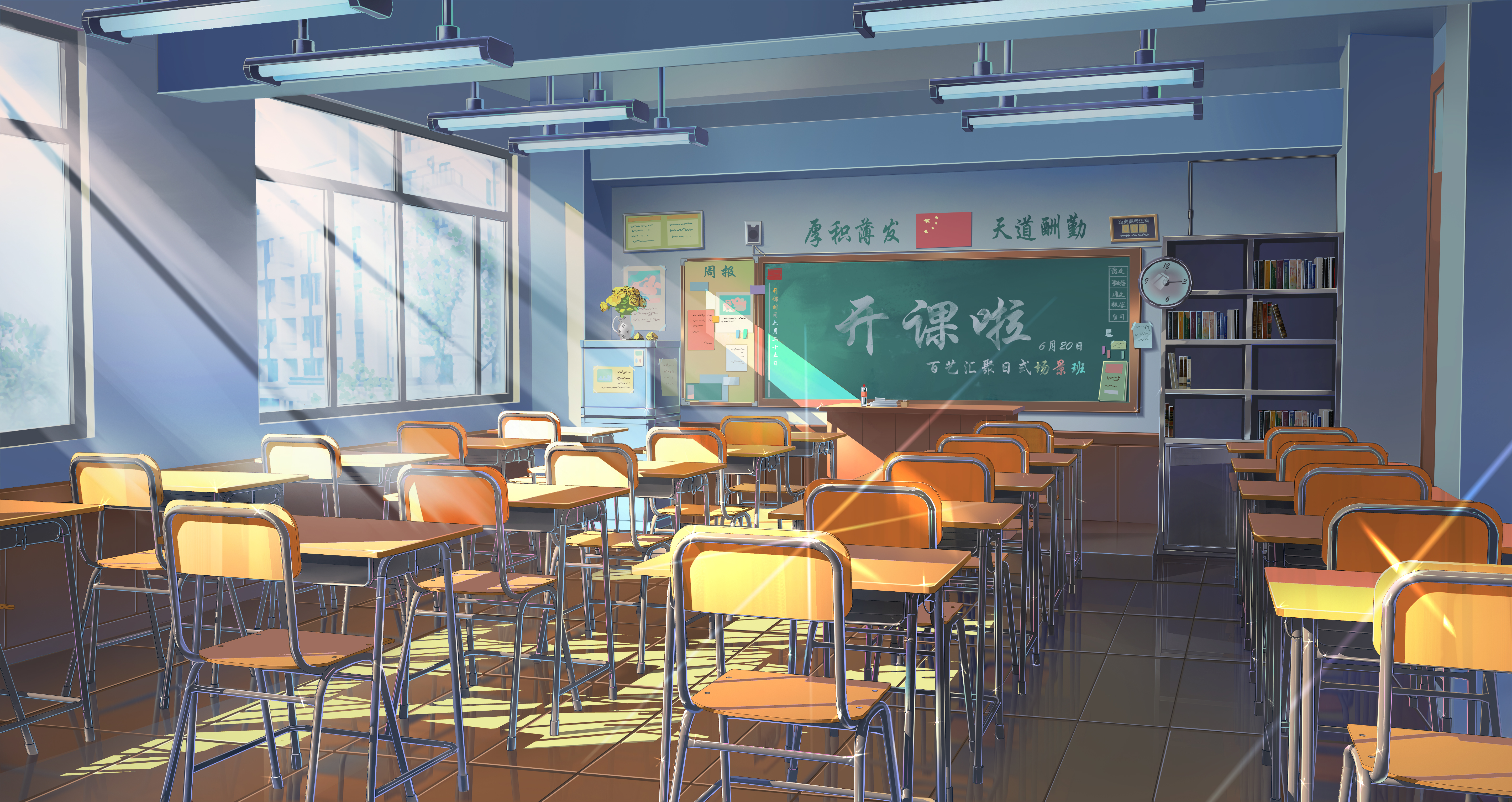 classroom, clock, anime, room, chair