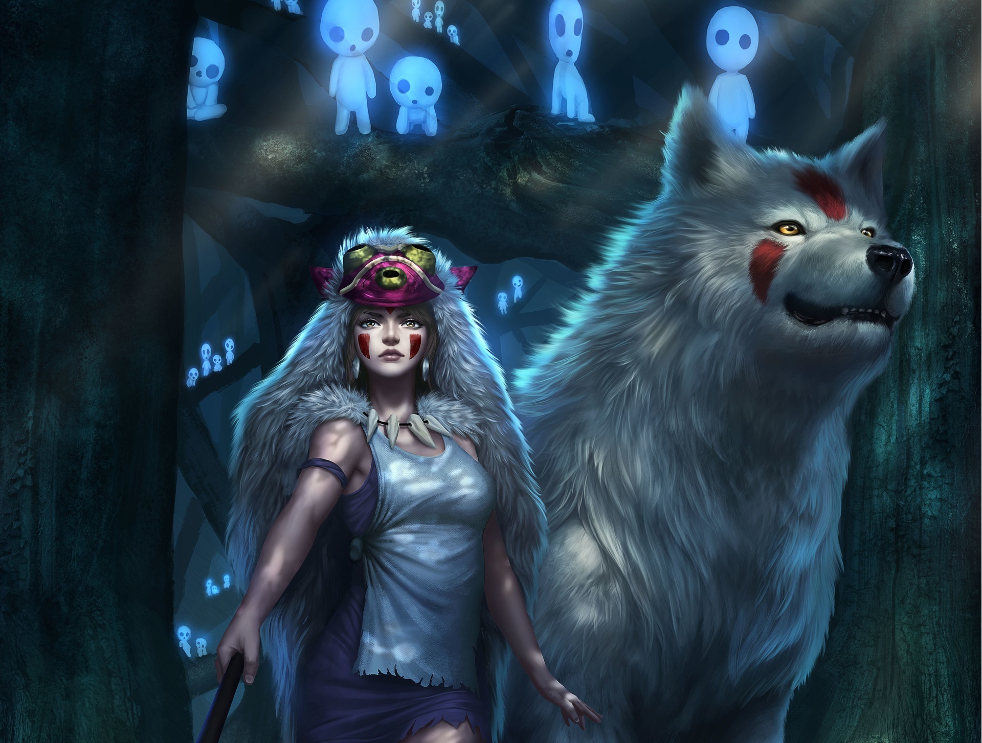 Download mobile wallpaper Anime, Forest, Wolf, Mask, Creature, Yellow Eyes, Woman Warrior, Princess Mononoke for free.
