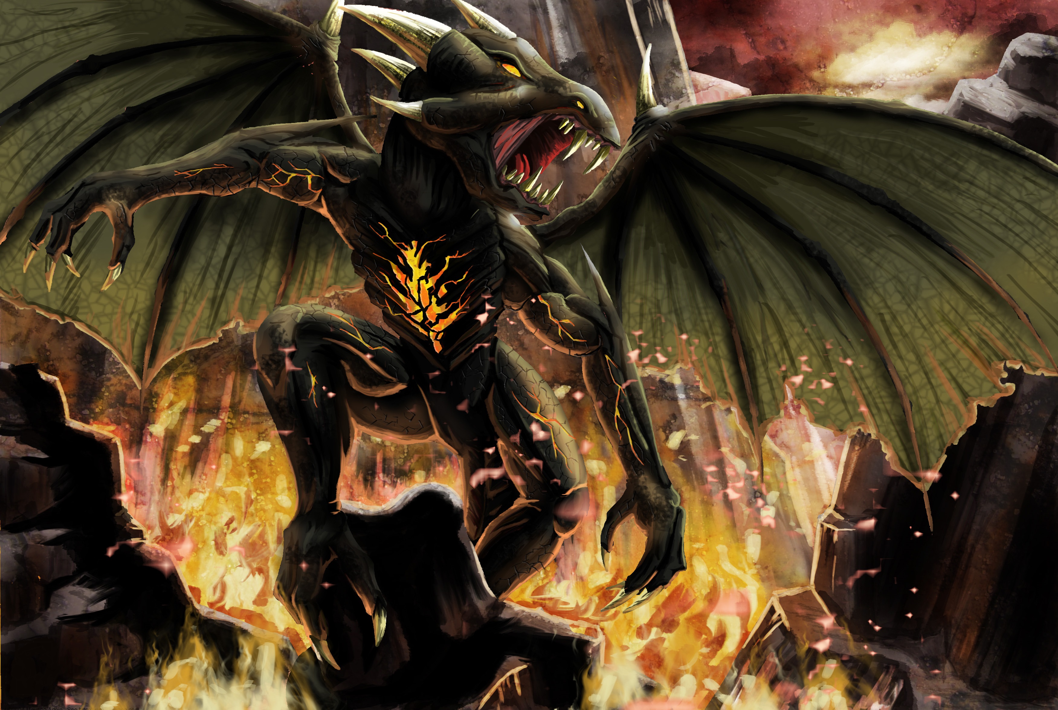 Download mobile wallpaper Fantasy, Wings, Dragon, Creature, Lava for free.