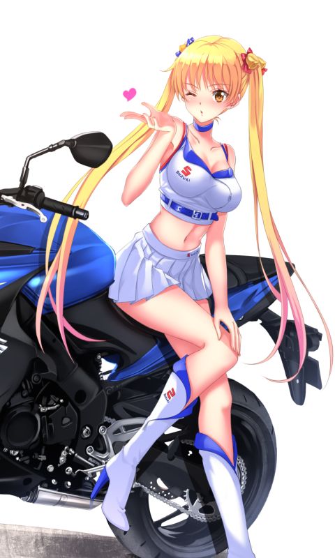 bike, anime, bakuon!!, twintails, yellow eyes, long hair, wink, blonde, rin suzunoki, suzuki gsx s1000f, boots