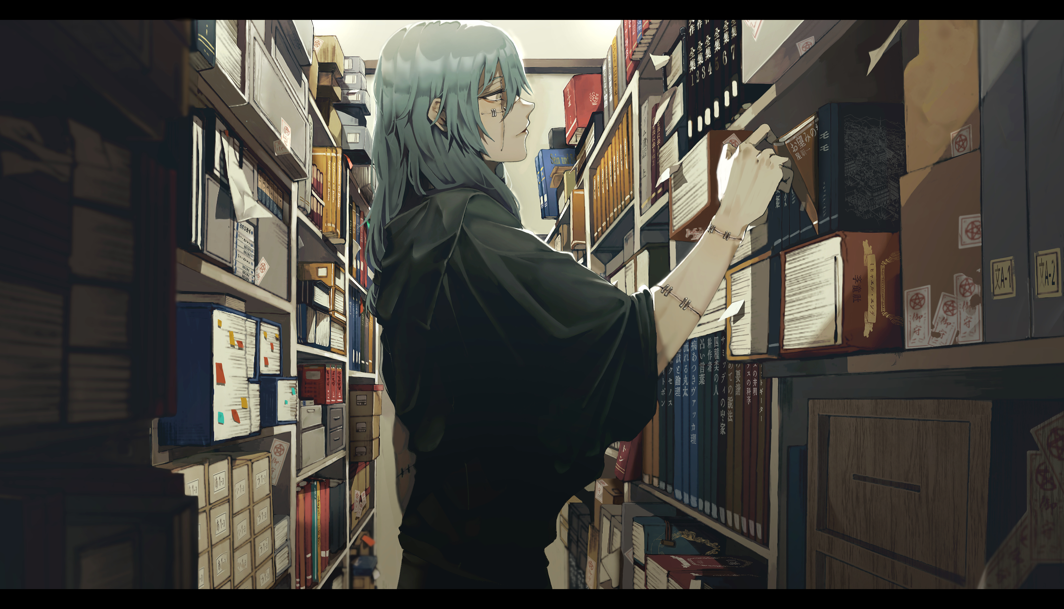 mahito (jujutsu kaisen), jujutsu kaisen, library, anime, blue hair
