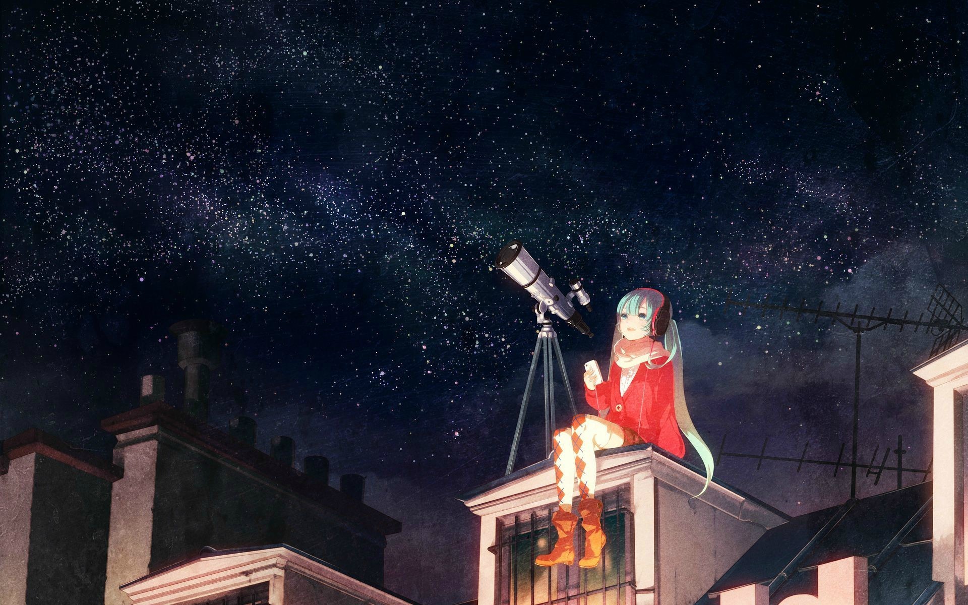 Download mobile wallpaper Anime, Stars, Headphones, Vocaloid, Telescope for free.