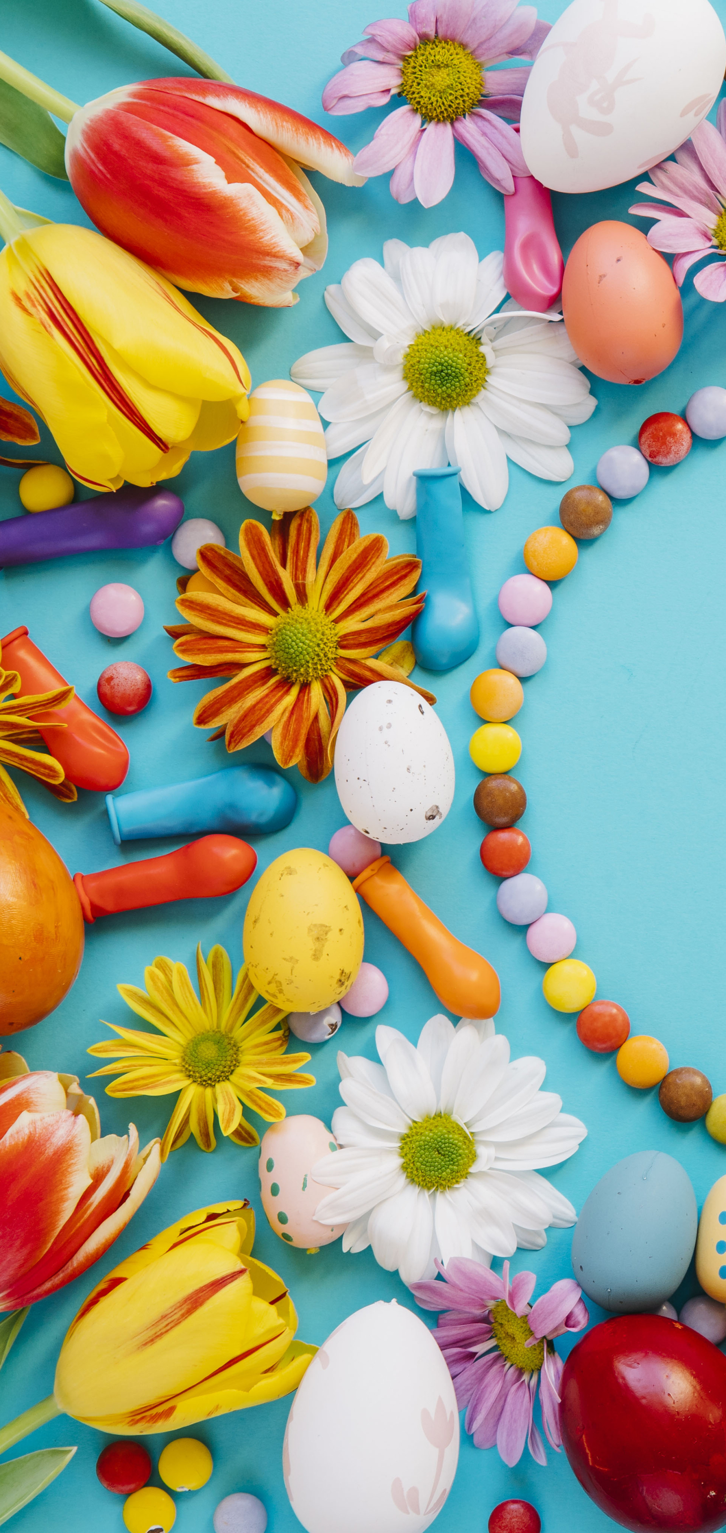 Download mobile wallpaper Easter, Still Life, Flower, Holiday, Colors, Colorful, Tulip, Candy, Easter Egg for free.