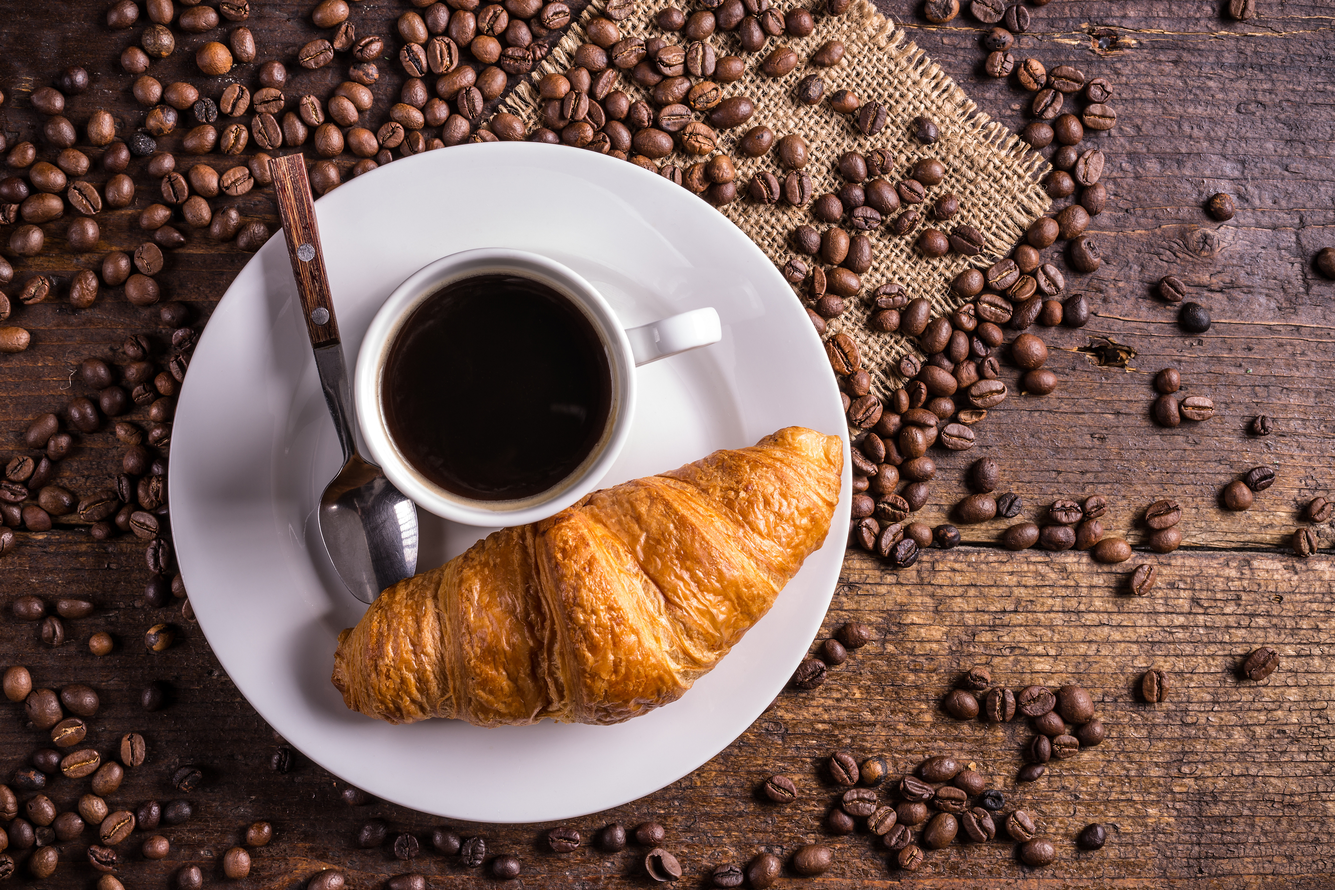 croissant, food, coffee, coffee beans, cup, still life