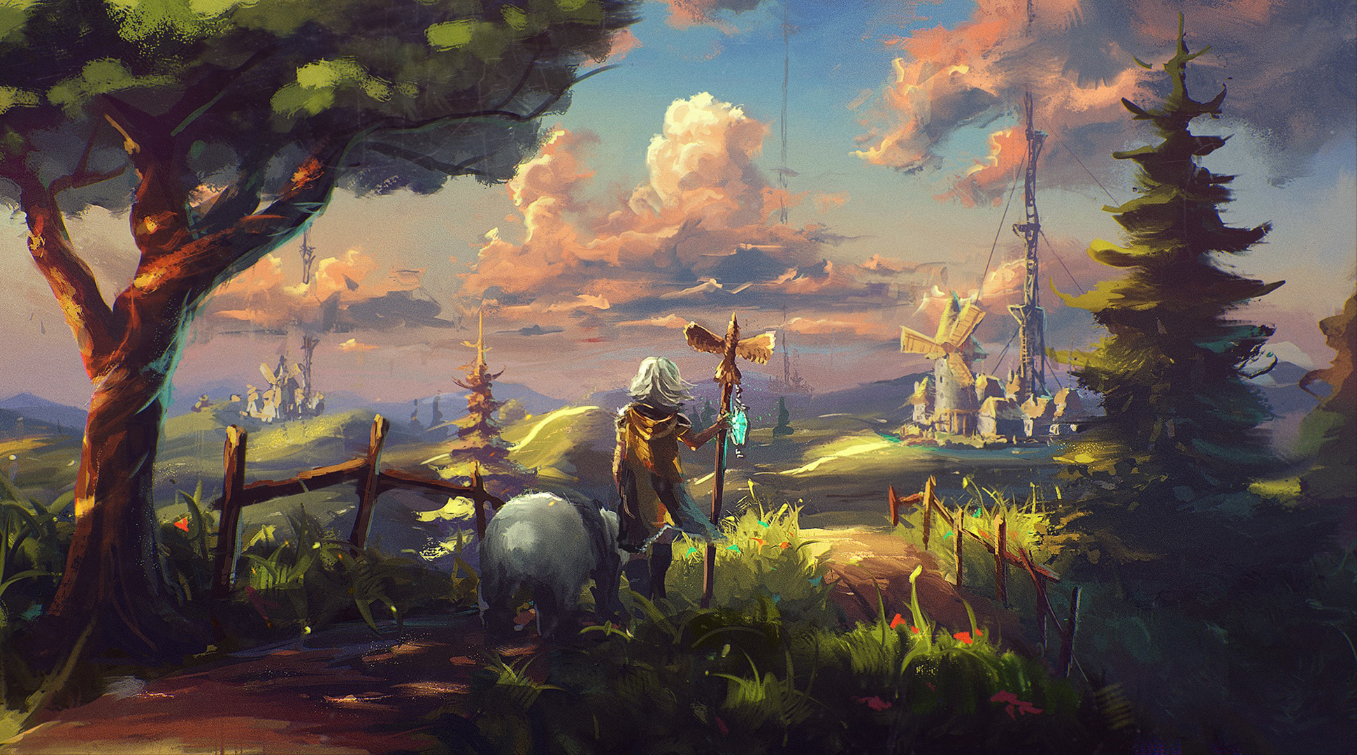 fantasy, landscape, cloud, mill, panda, sky, tree, village