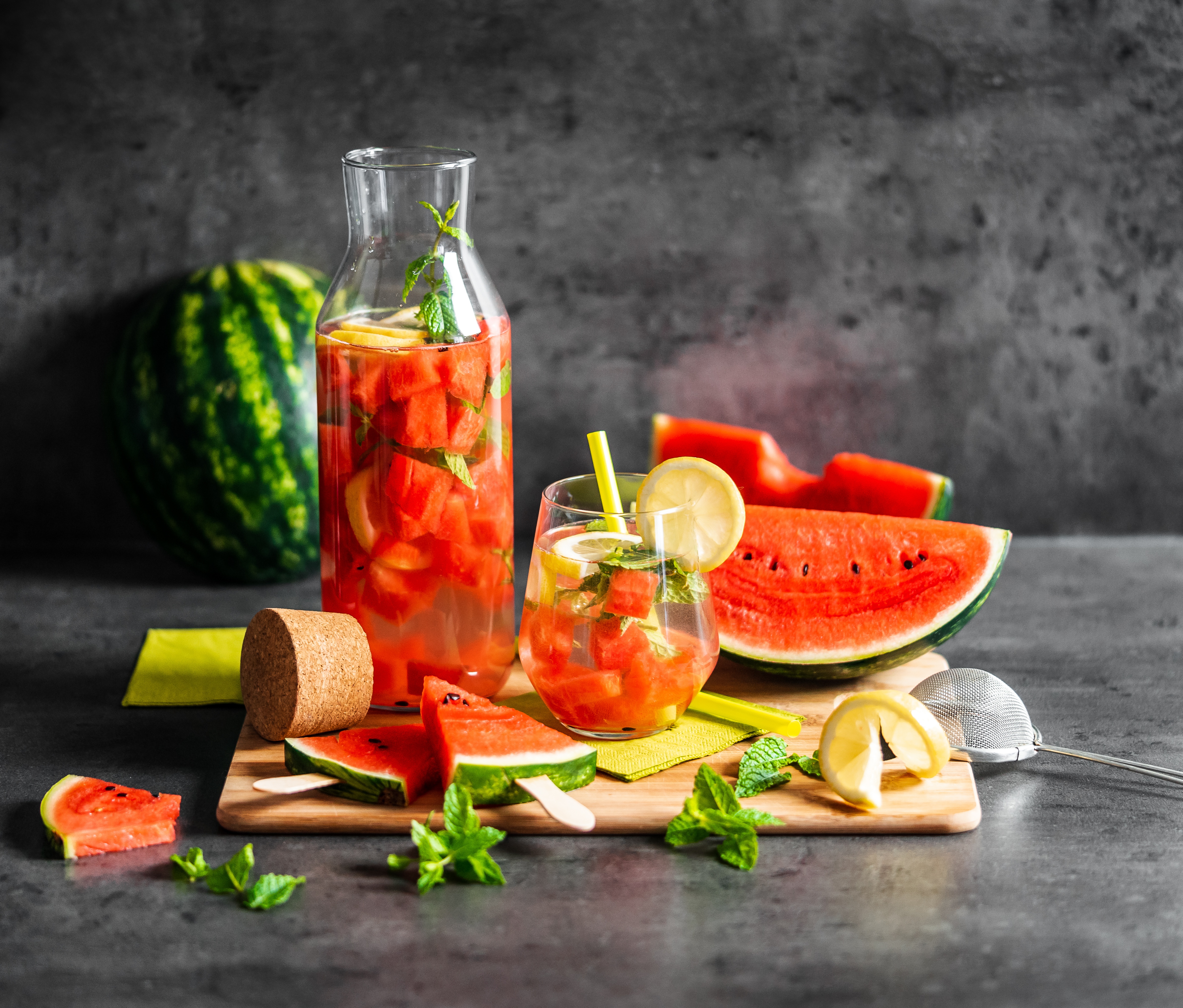 Download mobile wallpaper Food, Still Life, Glass, Fruit, Watermelon, Drink for free.
