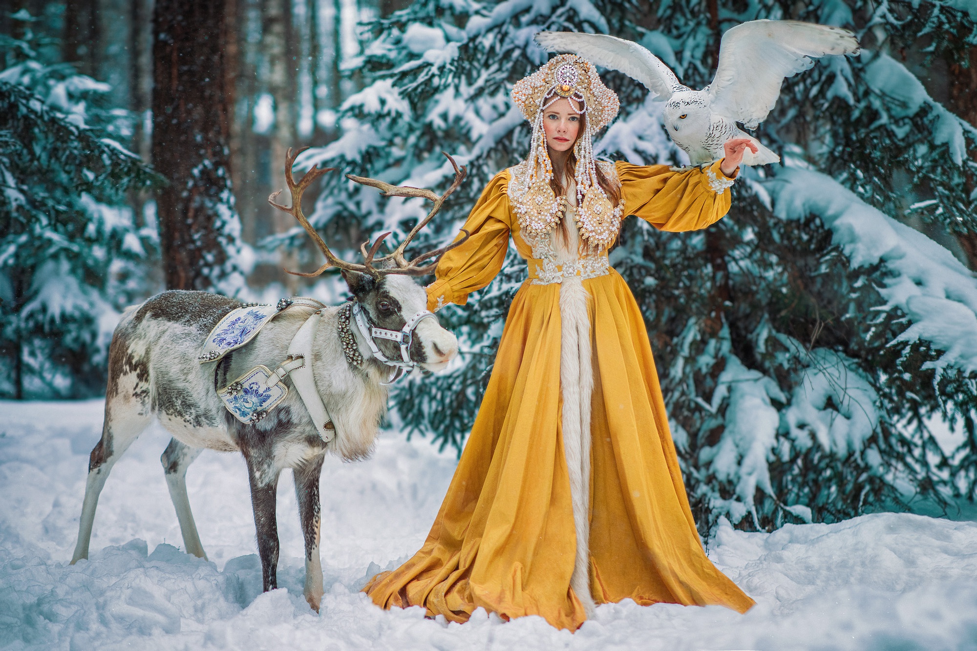 Download mobile wallpaper Winter, Owl, Dress, Model, Women, Headdress, Reindeer for free.