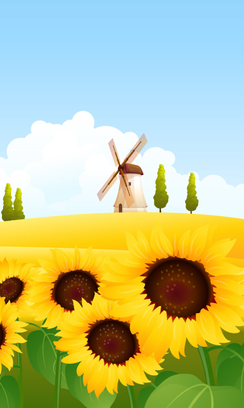 Download mobile wallpaper Nature, Artistic, Sunflower, Windmill for free.