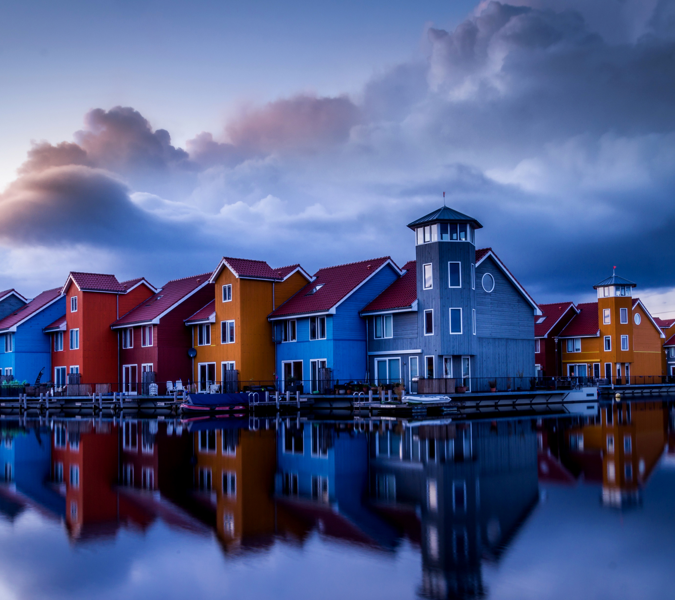 Download mobile wallpaper Reflection, House, Colorful, Netherlands, Town, Man Made, Canal, Towns for free.