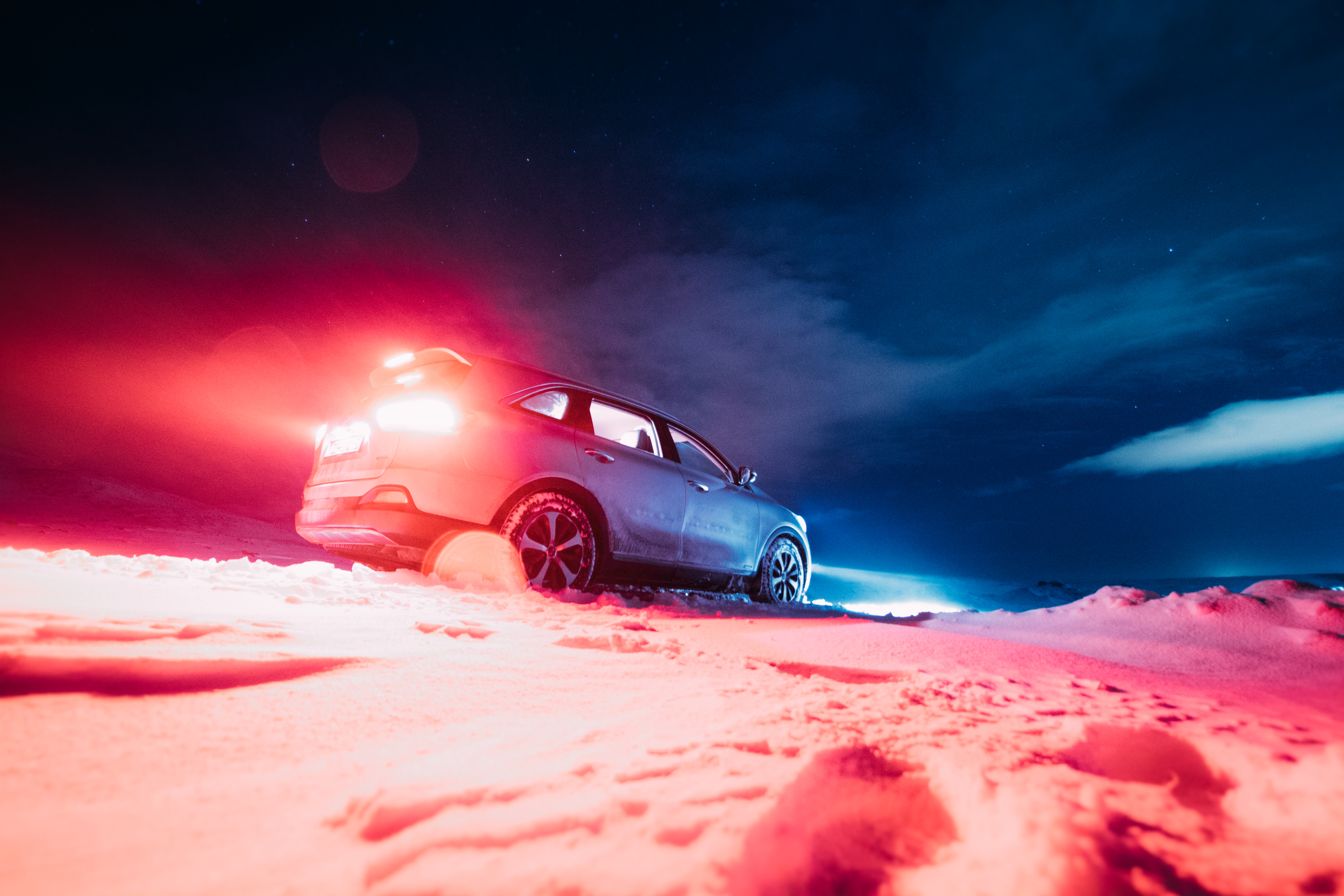 Download mobile wallpaper Snow, Starry Sky, Car, Night, Cars for free.