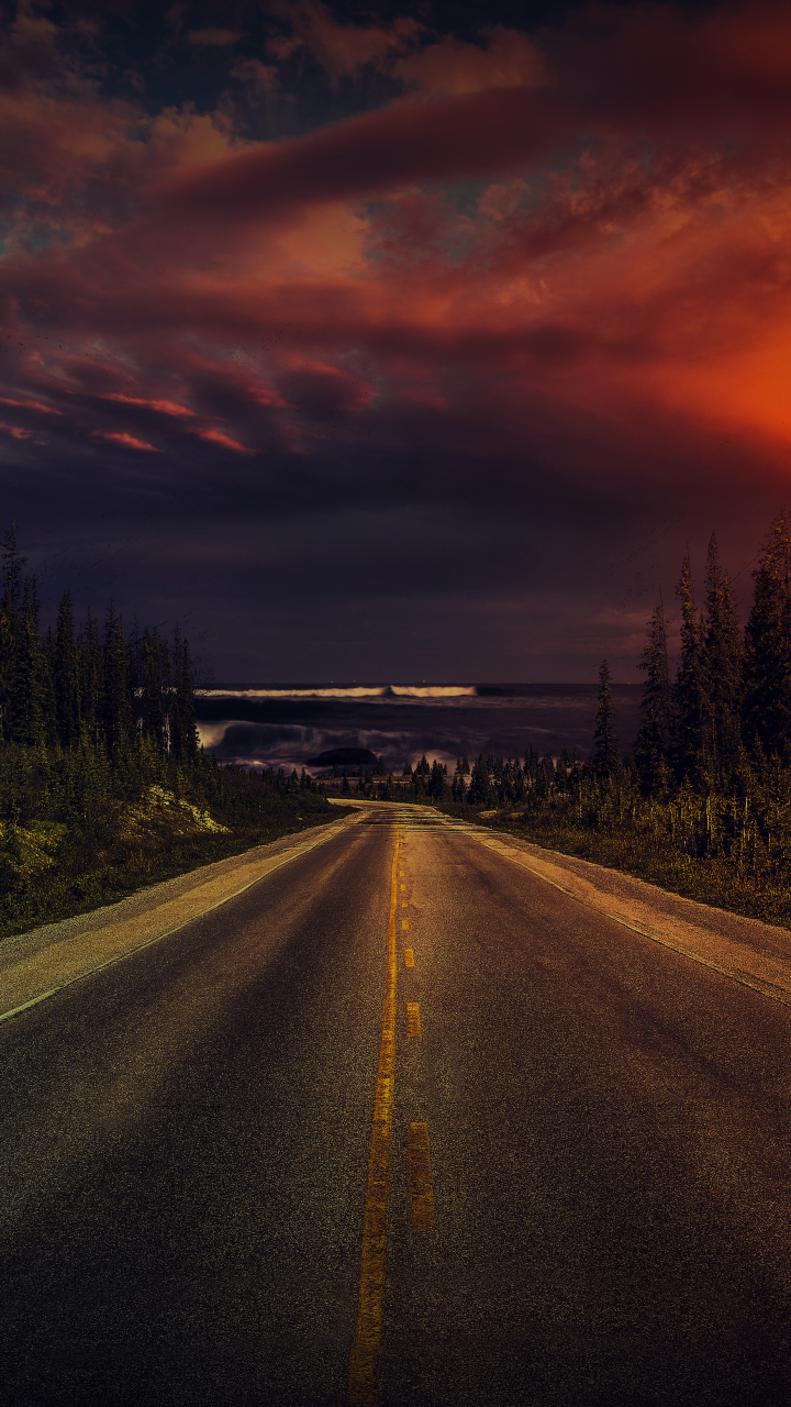 Descarga gratuita de fondo de pantalla para móvil de Cielo, Carretera, Atardecer, Hecho Por El Hombre, Puesta De Sol.