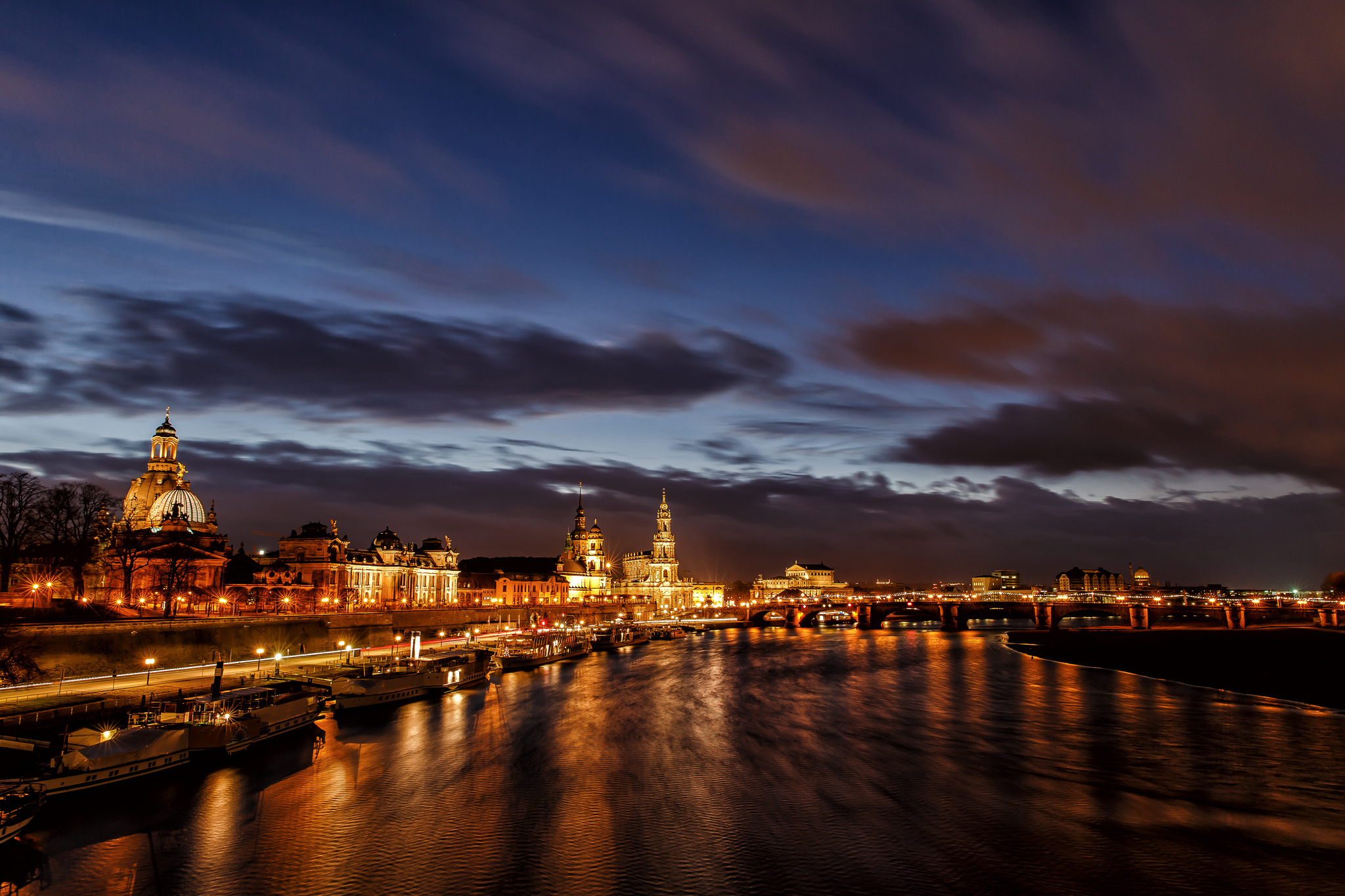 dresden, man made, building, city, cloud, germany, light, night, river, cities