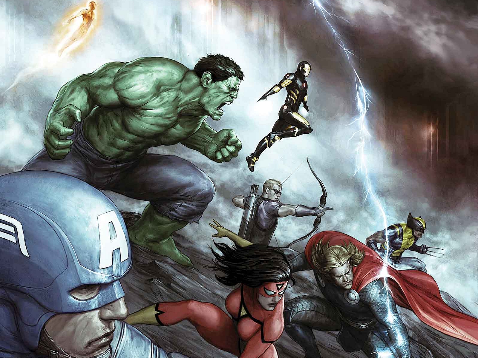 comics, avengers, captain america, hawkeye, hulk, human torch (marvel comics), iron man, spider woman, thor, the avengers