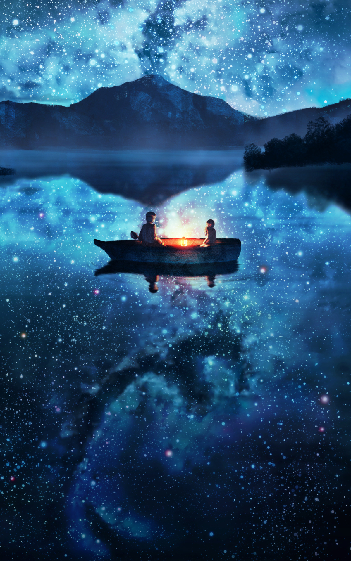 Download mobile wallpaper Anime, Night, Lake, Reflection, Starry Sky, Boat, Scenic for free.