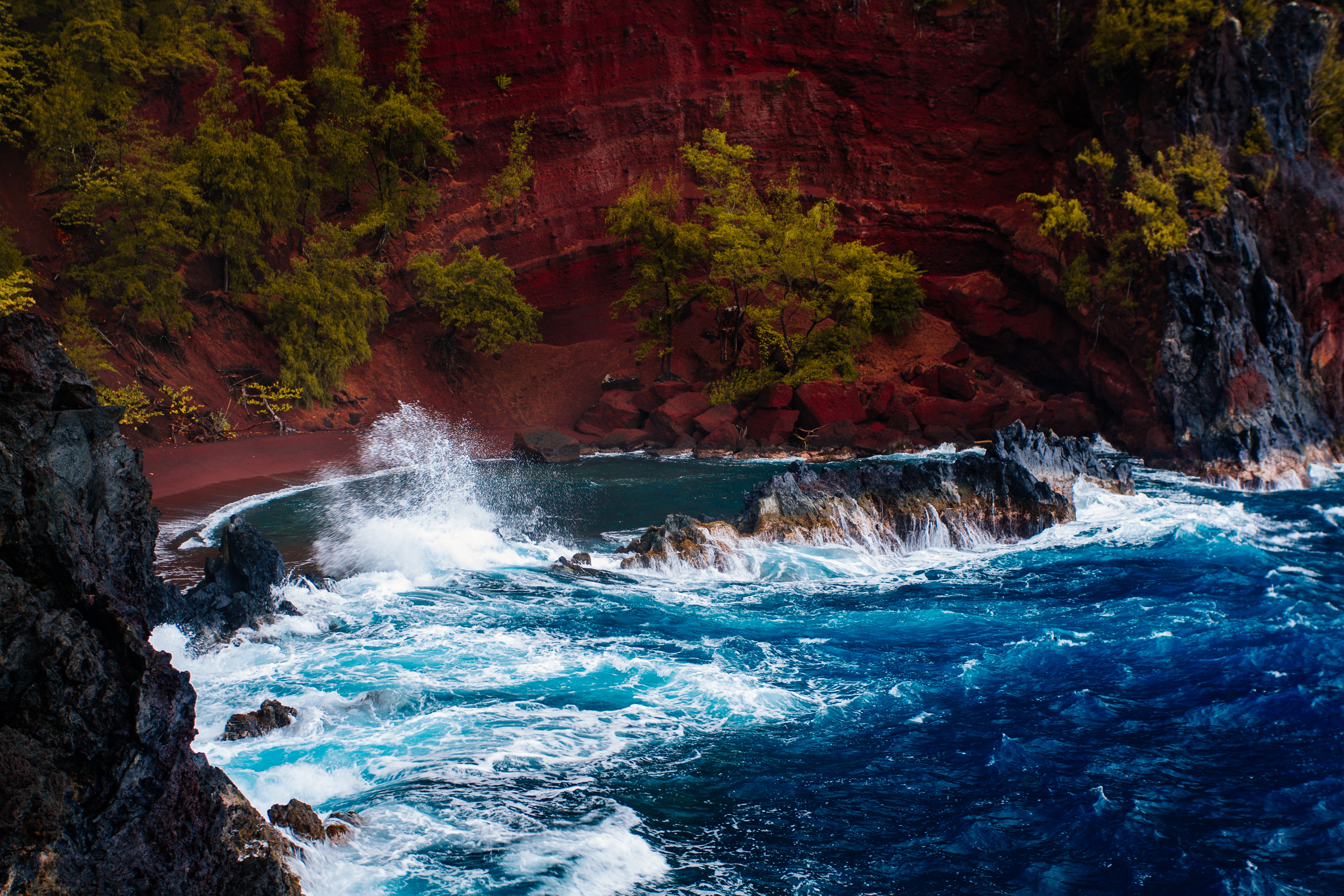 107407 télécharger l'image océan, nature, arbres, les rochers, roches, le surf, surfer, hawaii, hawaï - fonds d'écran et économiseurs d'écran gratuits