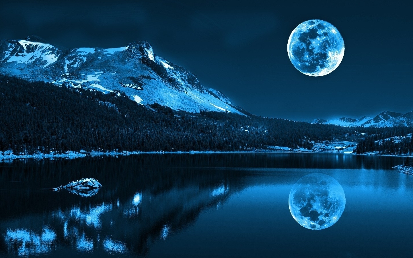 Download mobile wallpaper Landscape, Winter, Nature, Night, Moon, Mountain, Lake, Reflection, Forest, Earth for free.