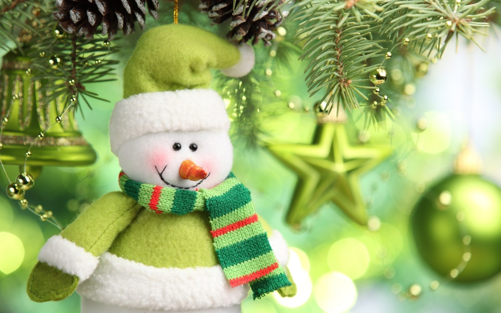 Скачать картинку Рождество, Зеленый, Украшение, Снеговик, Звёзды, Праздничные, Белл в телефон бесплатно.