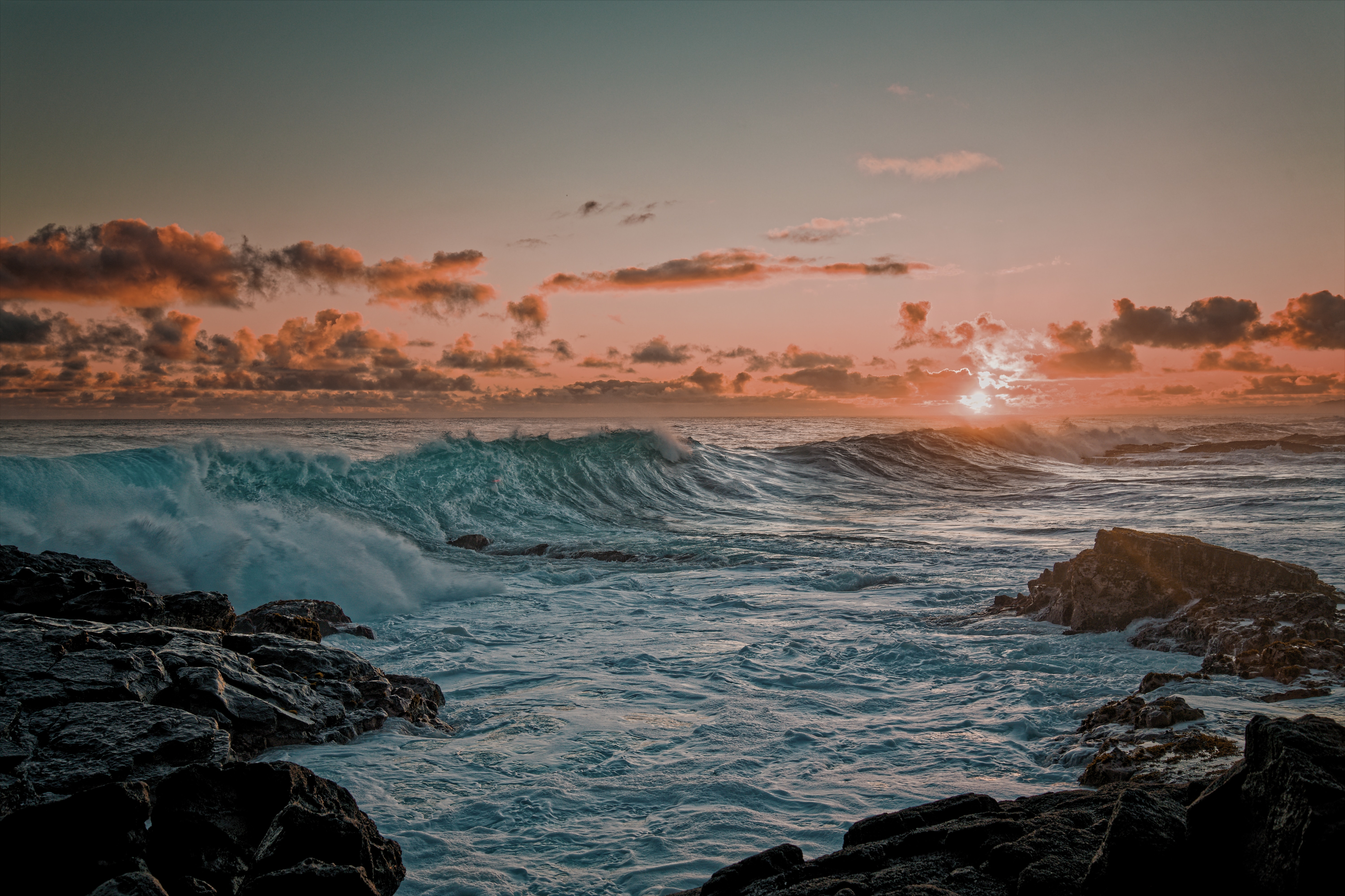 Free download wallpaper Sunset, Sea, Rocks, Coast, Nature, Waves on your PC desktop