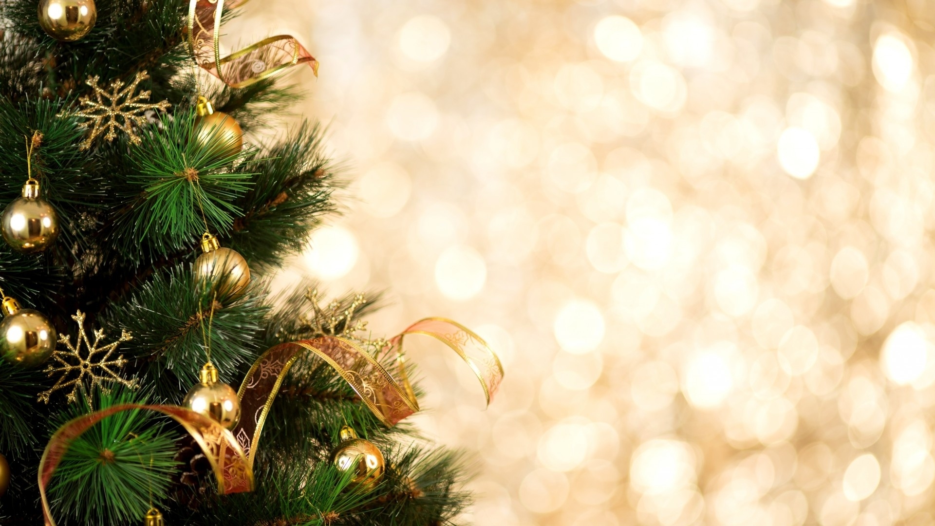 golden, holiday, christmas, bauble, bokeh, decoration, snowflake