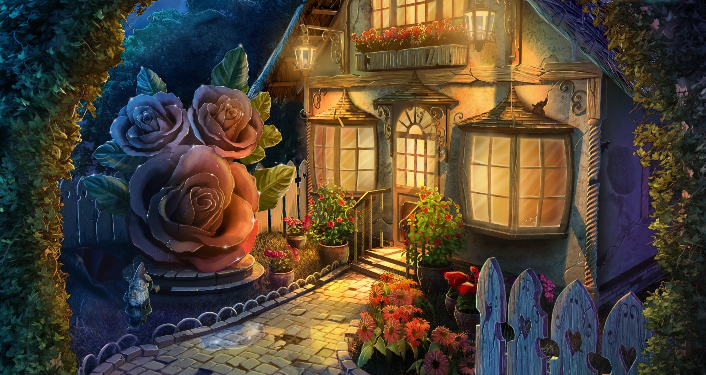 art, fairy, fabulous, small house, flowers, lodge, courtyard, yard