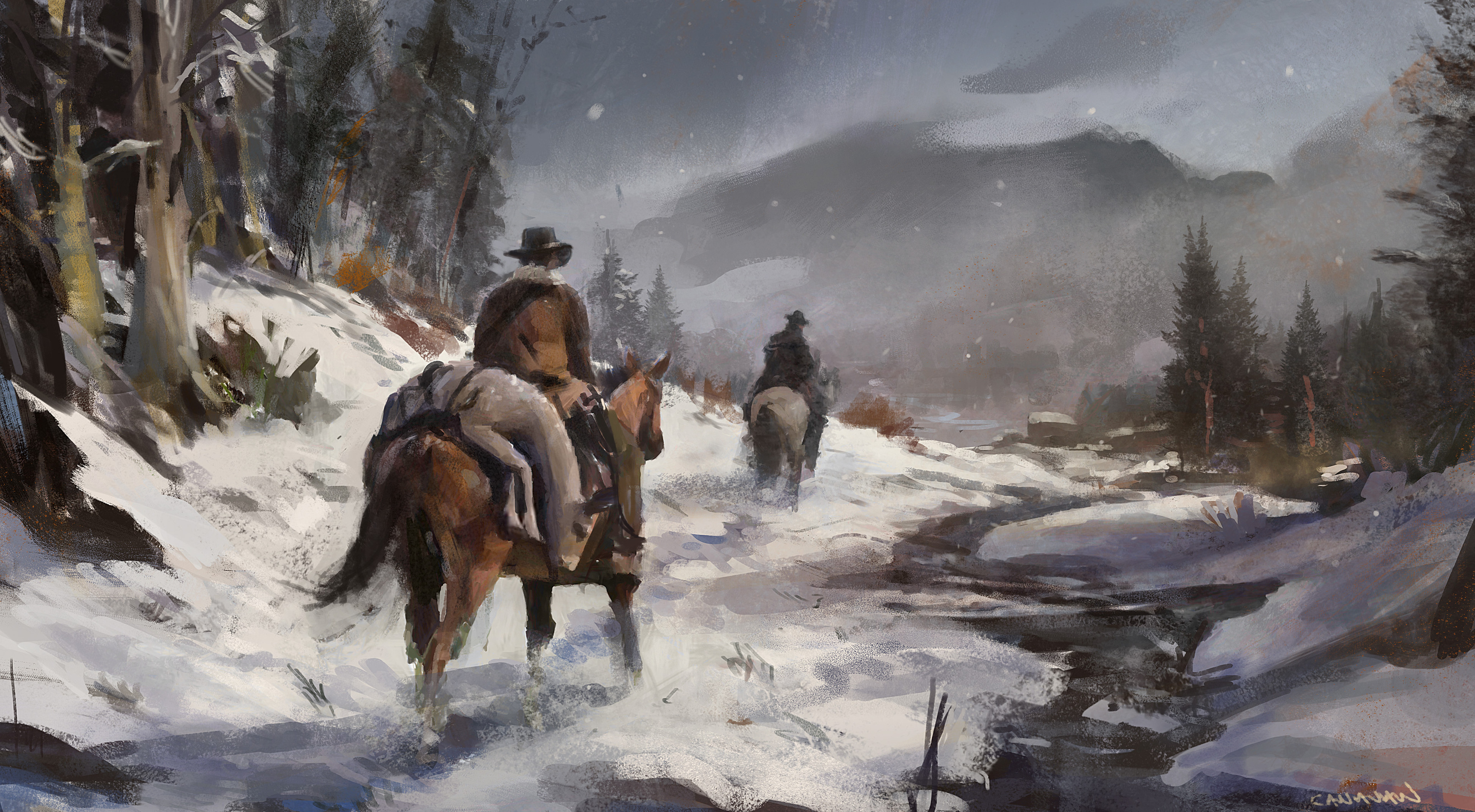 Free download wallpaper Winter, Painting, Artistic, Cowboy on your PC desktop