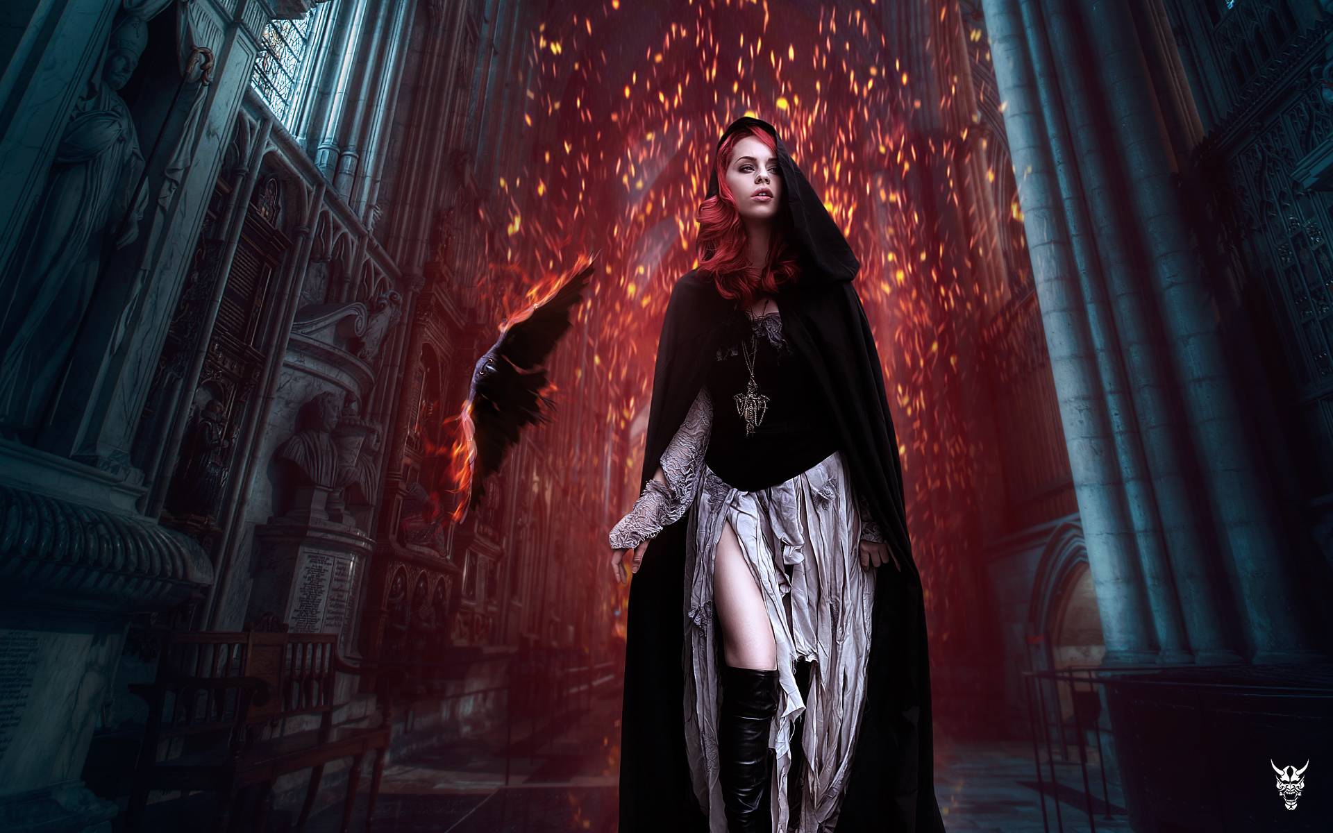 Download mobile wallpaper Fantasy, Gothic, Church, Raven, Women, Red Hair for free.