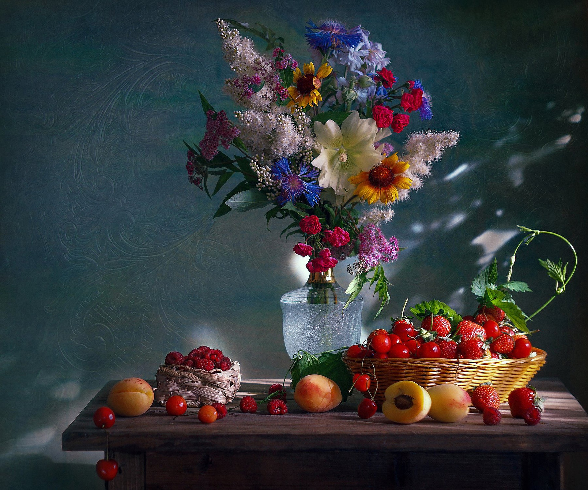 Download mobile wallpaper Food, Strawberry, Cherry, Raspberry, Still Life, Flower, Bouquet, Berry, Apricot for free.