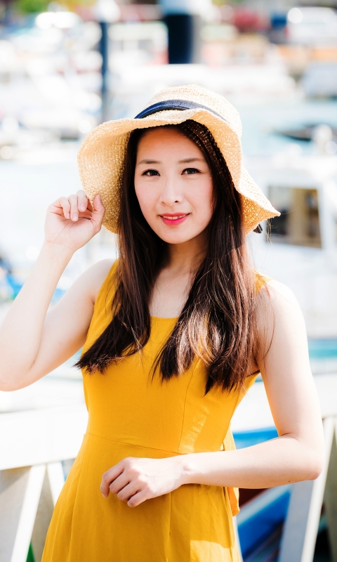 Download mobile wallpaper Hat, Brunette, Model, Women, Yellow Dress, Asian for free.