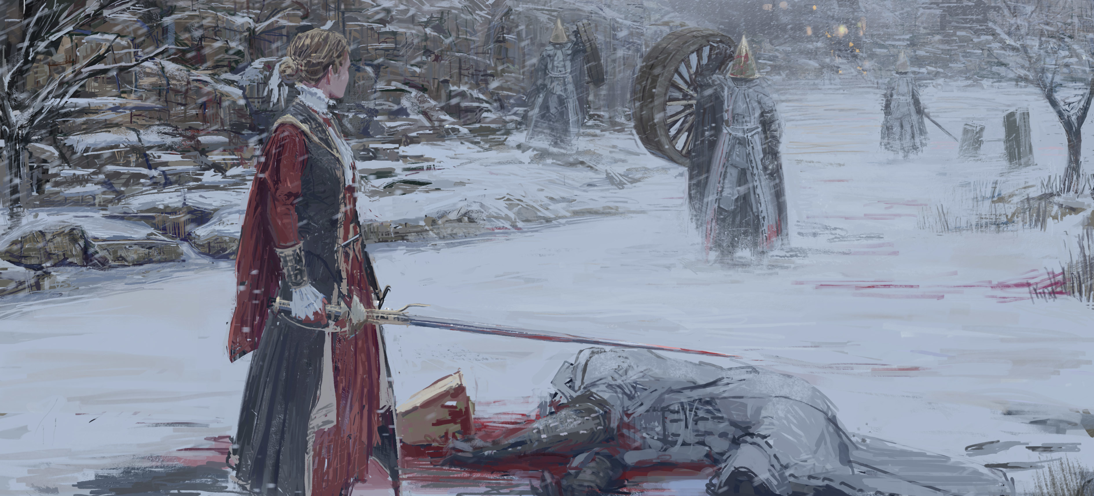 771720 скачать обои женщина воин, видеоигры, кровавый, снег, снегопад, мечи, зима - заставки и картинки бесплатно