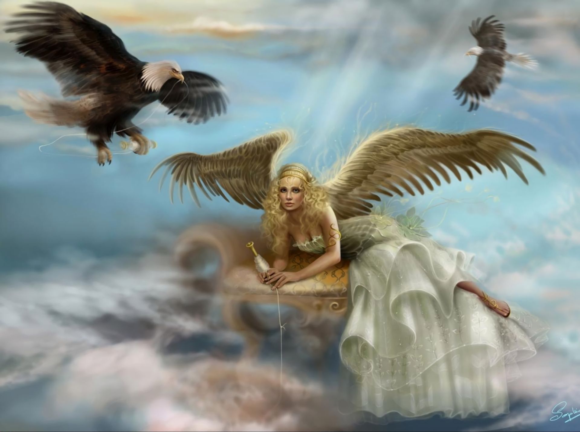 Free download wallpaper Fantasy, Eagle, Angel, Cloud, Blonde on your PC desktop