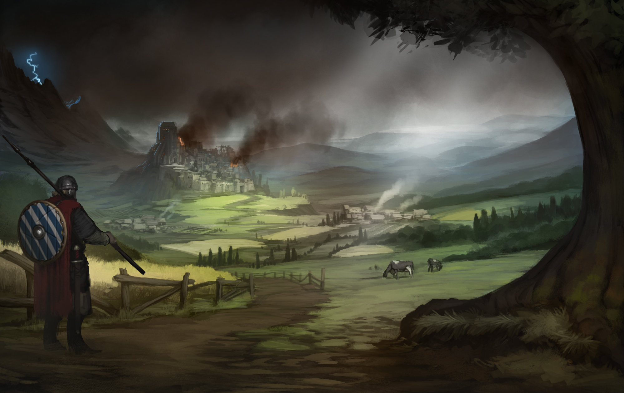 Free download wallpaper Landscape, Fantasy, City, Warrior on your PC desktop