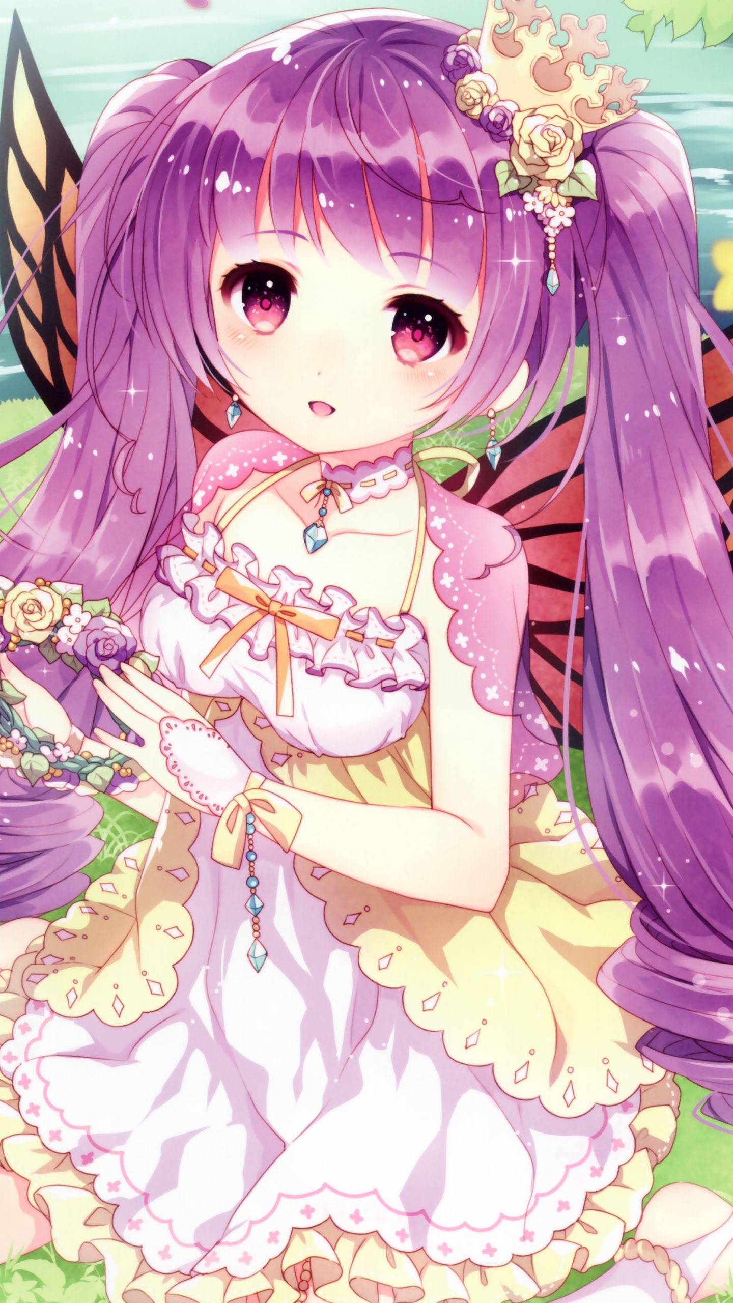 Baixar papel de parede para celular de Anime, Sorriso, Coroa, Asas, Brincos, Original, Corar, Cabelo Longo, Twintails, Cabelo Roxo, Olhos Cor De Rosa gratuito.