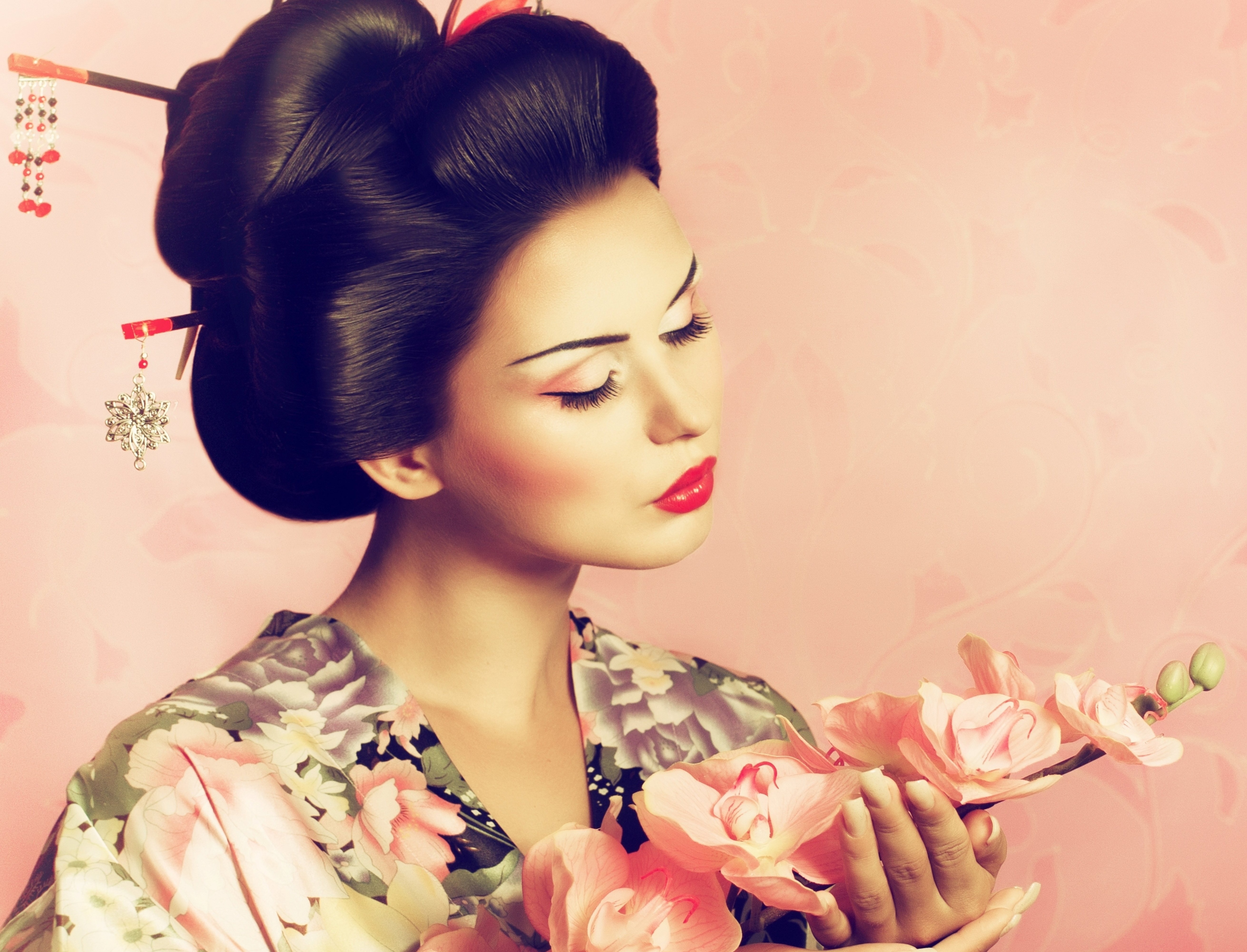 Laden Sie das Sakura, Stimmung, Kimono, Brünette, Orientalisch, Bilden, Frauen, Lippenstift-Bild kostenlos auf Ihren PC-Desktop herunter