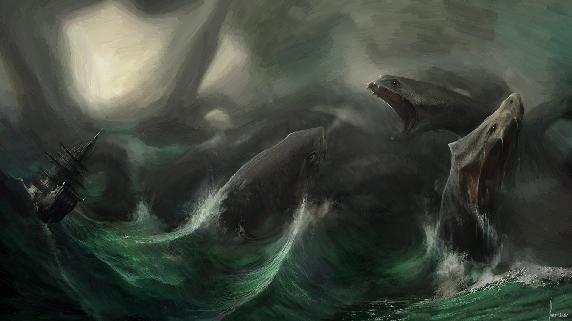 Free download wallpaper Fantasy, Creature, Ship, Sea Monster on your PC desktop