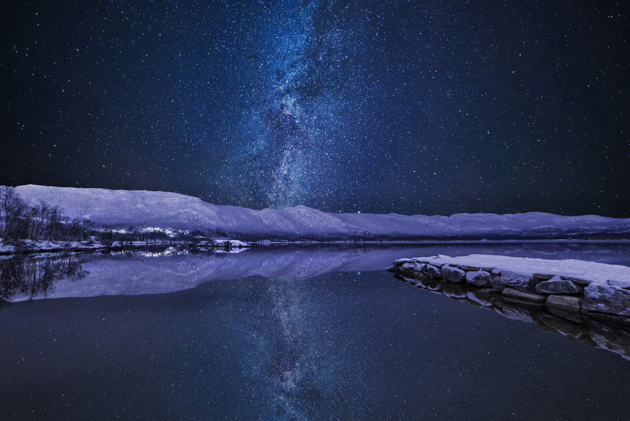 Free download wallpaper Winter, Nature, Sky, Stars, Night, Snow, Earth, Milky Way, River on your PC desktop