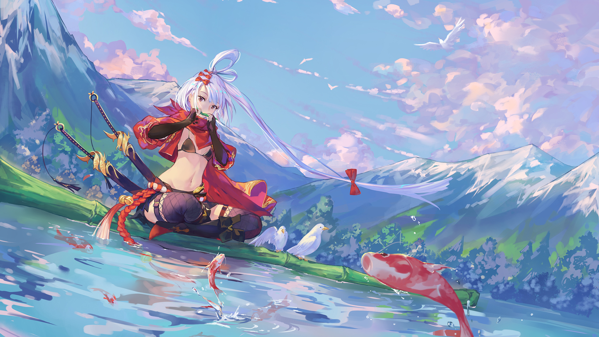 girl, nature, anime, cloud, fish, long hair, mountain, pond, sky, sword