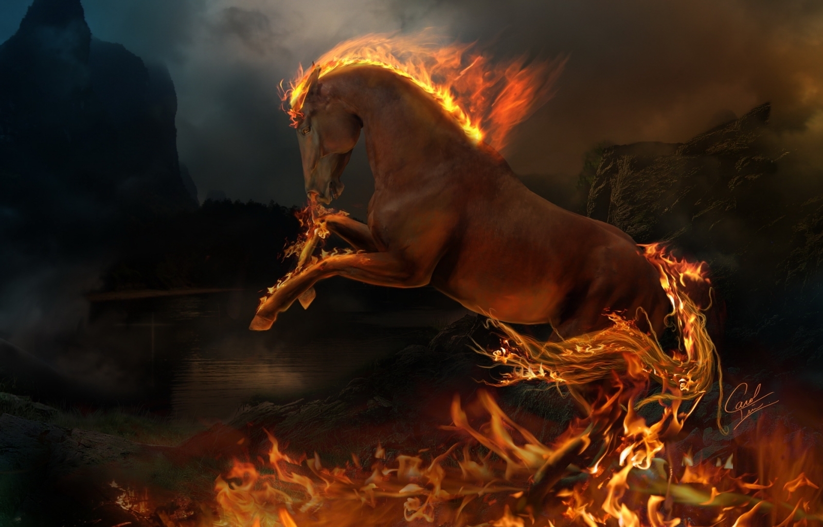 Free download wallpaper Animals, Art, Fire, Horses on your PC desktop