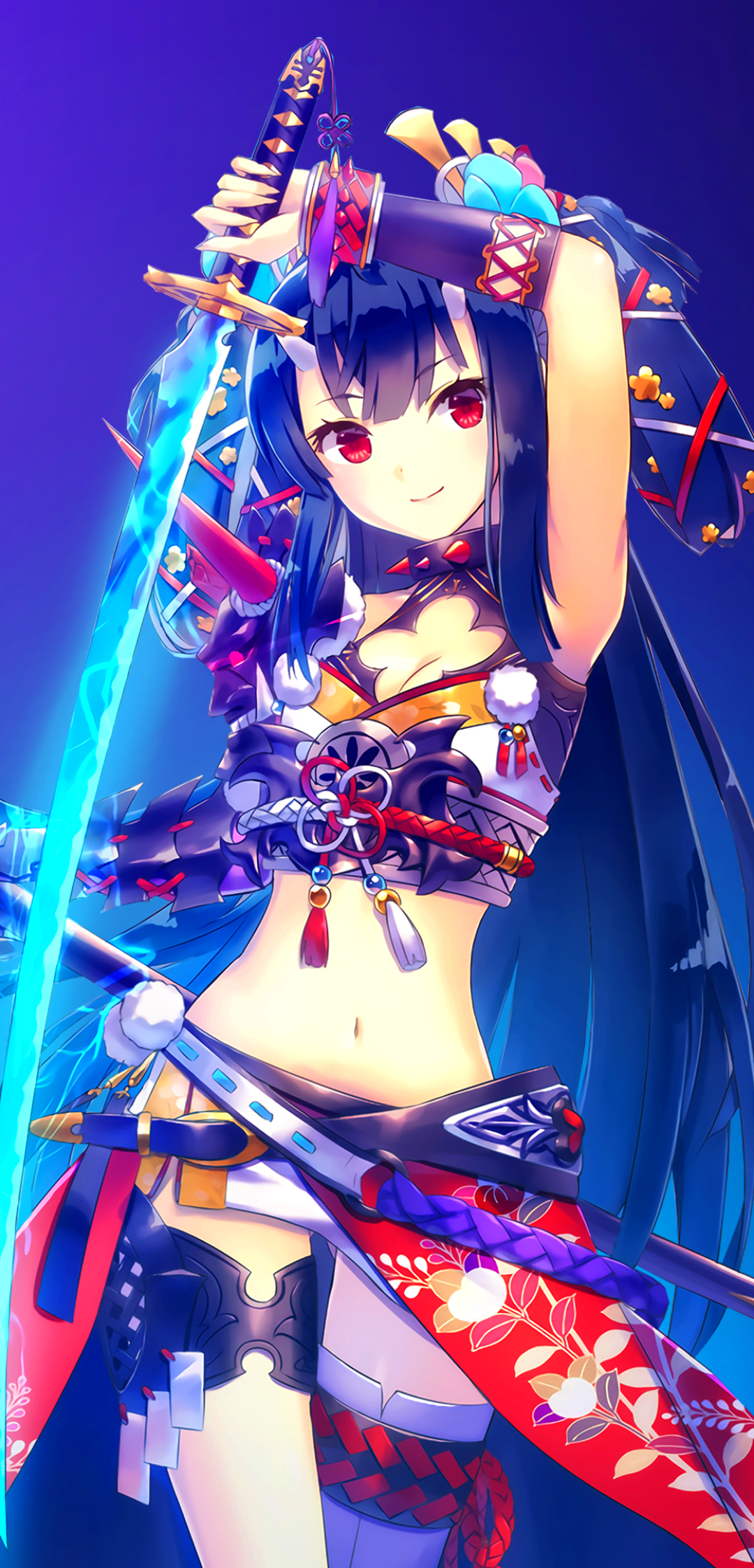 Download mobile wallpaper Anime, Girl, Horns, Sword, Red Eyes, Long Hair for free.